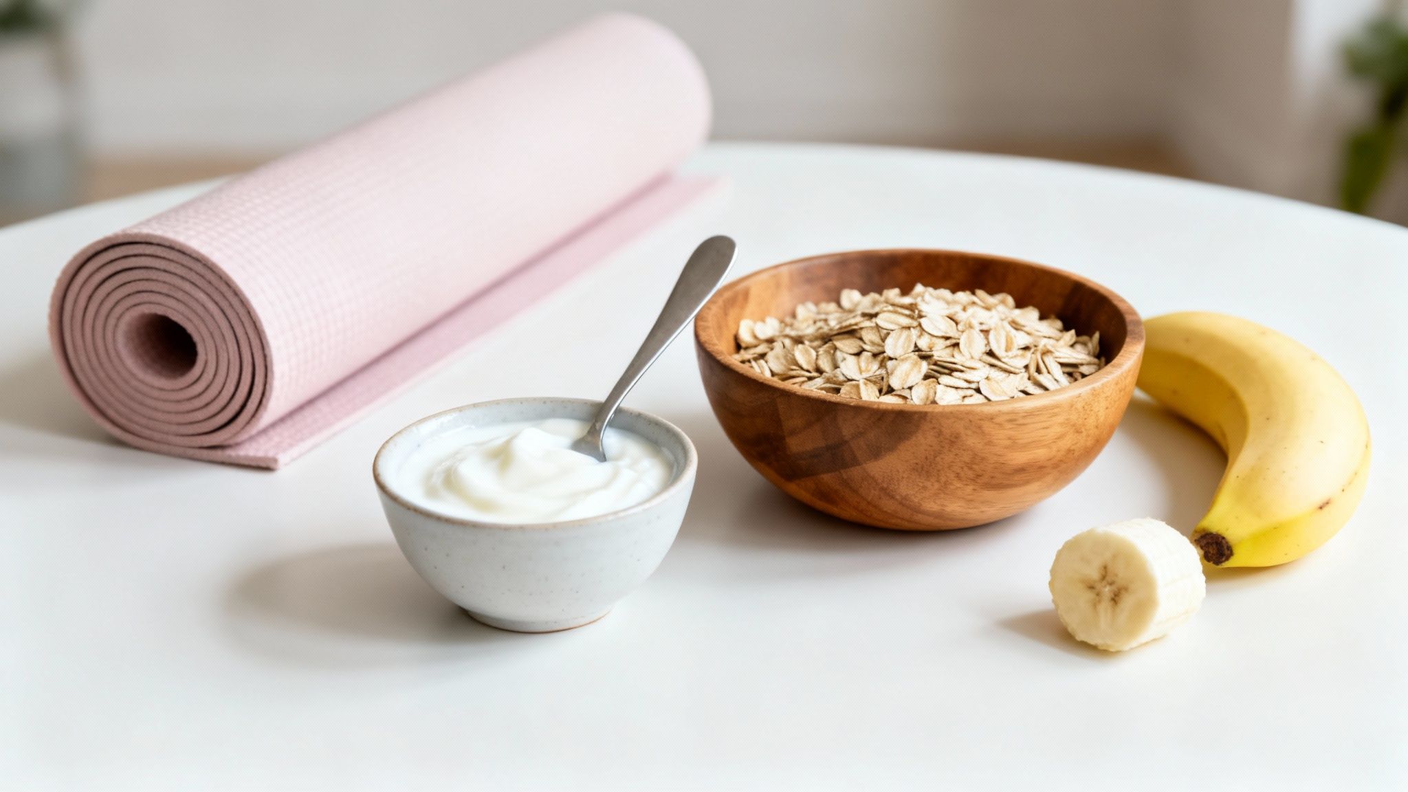 Eine rosa Yogamatte, Joghurt mit Löffel, Haferflocken und Banane für ein gesundes Frühstück.
