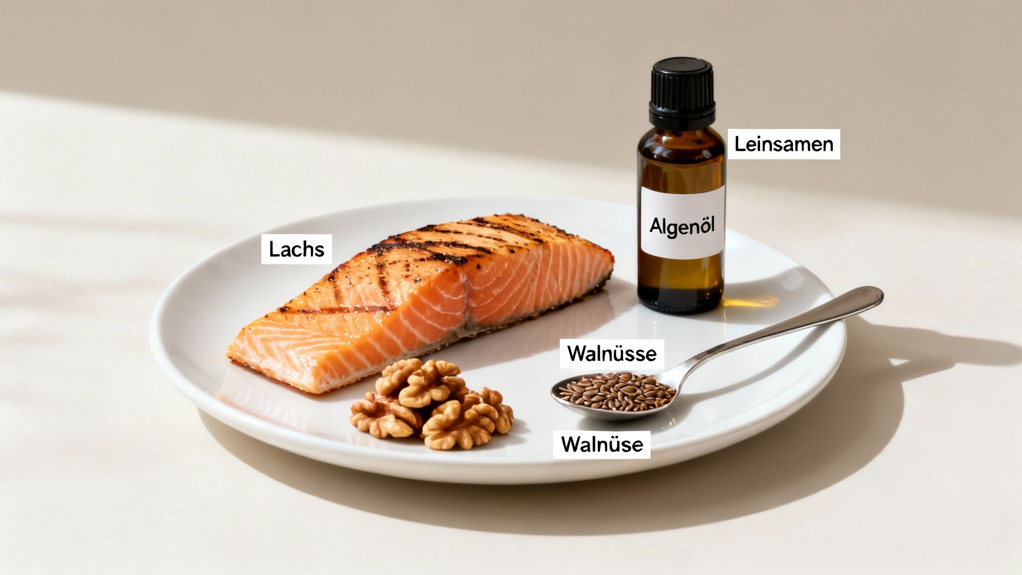 Gegrillter Lachs, Walnüsse, Leinsamen und Algenöl als reiche Omega-3-Quellen.