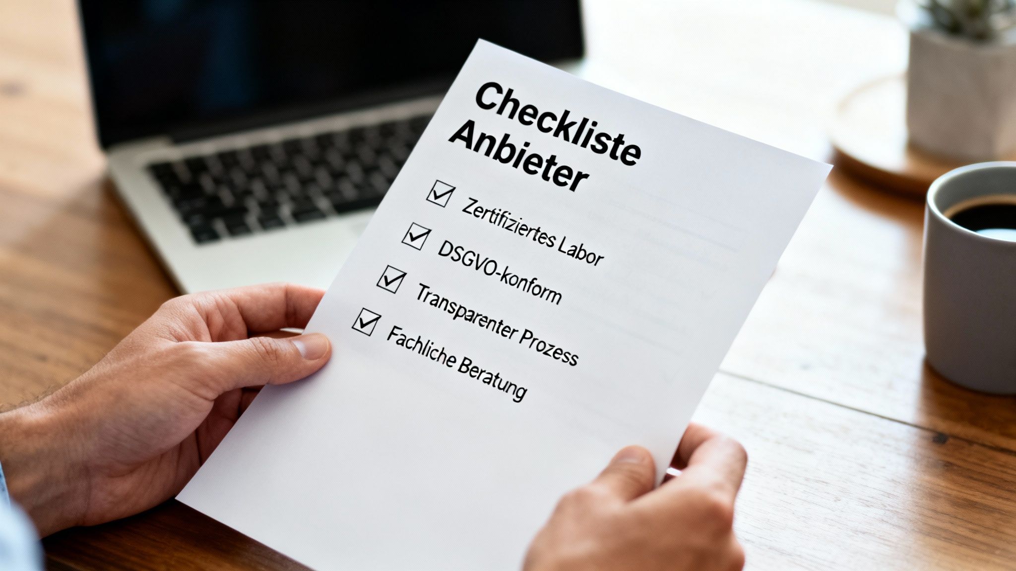 Eine Person hält eine Checkliste „Checkliste Anbieter“ mit abgehakten Punkten wie „Zertifiziertes Labor“.