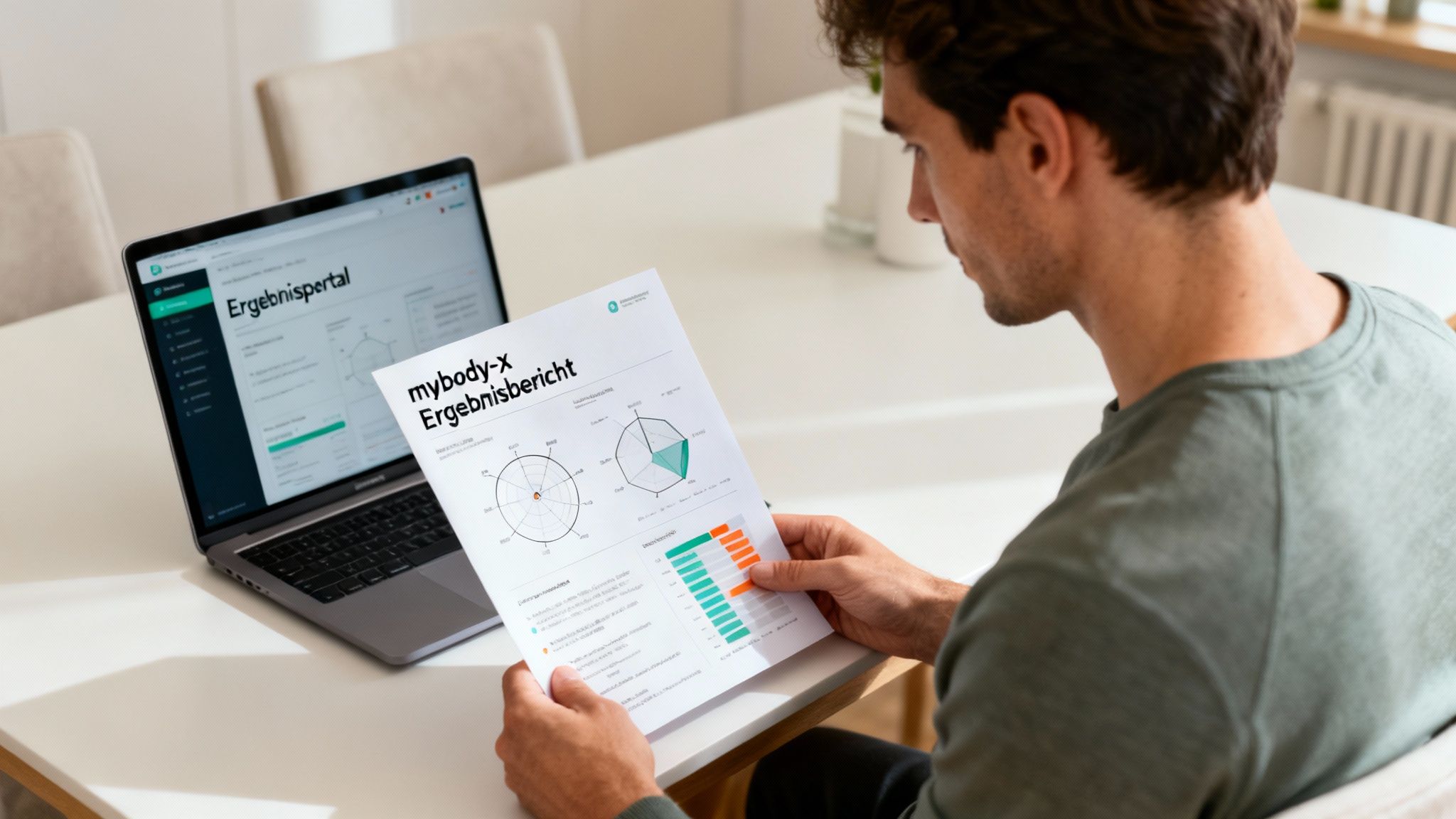 Mann liest einen 'mybody-x Ergebnisbericht' und vergleicht ihn mit einem Laptop-Ergebnisportal.