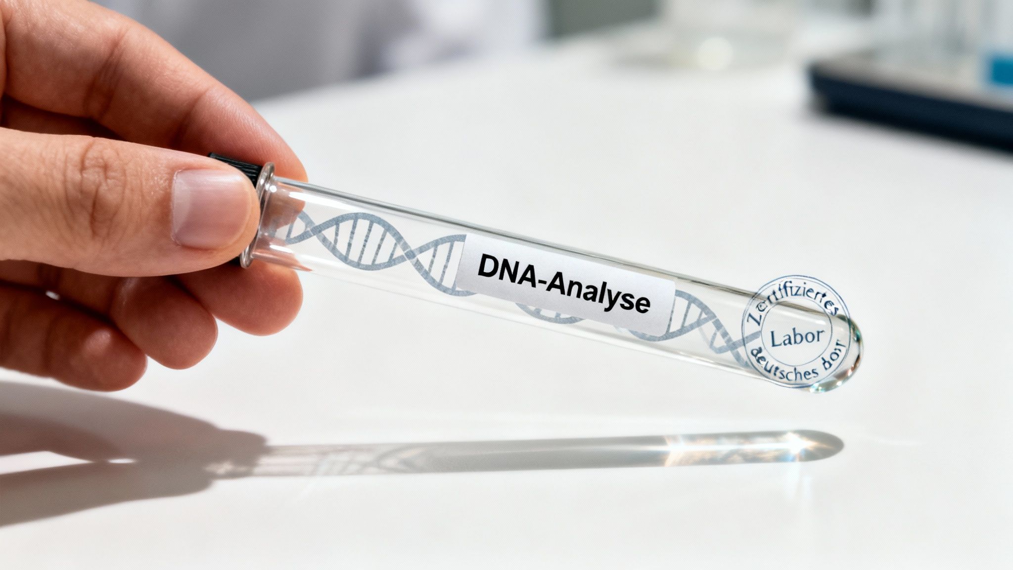 Hand hält Reagenzglas mit Aufschrift 'DNA-Analyse', DNA-Doppelhelix und 'Zertifiziertes deutsches Labor' Stempel.