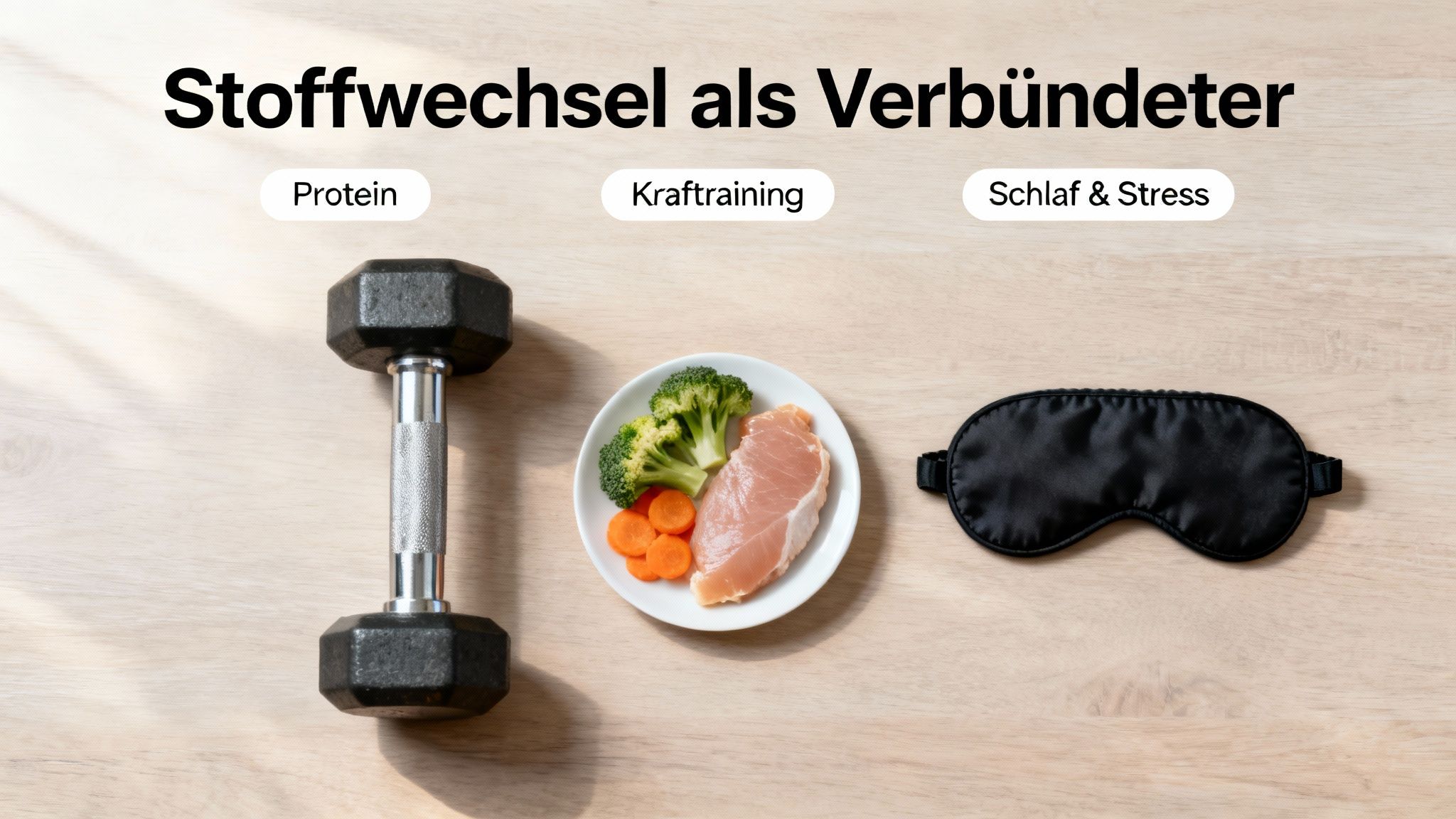 Ein Bild von einer Hantel, Hähnchen mit Gemüse und einer Schlafmaske, die Stoffwechsel als Verbündeten darstellen.