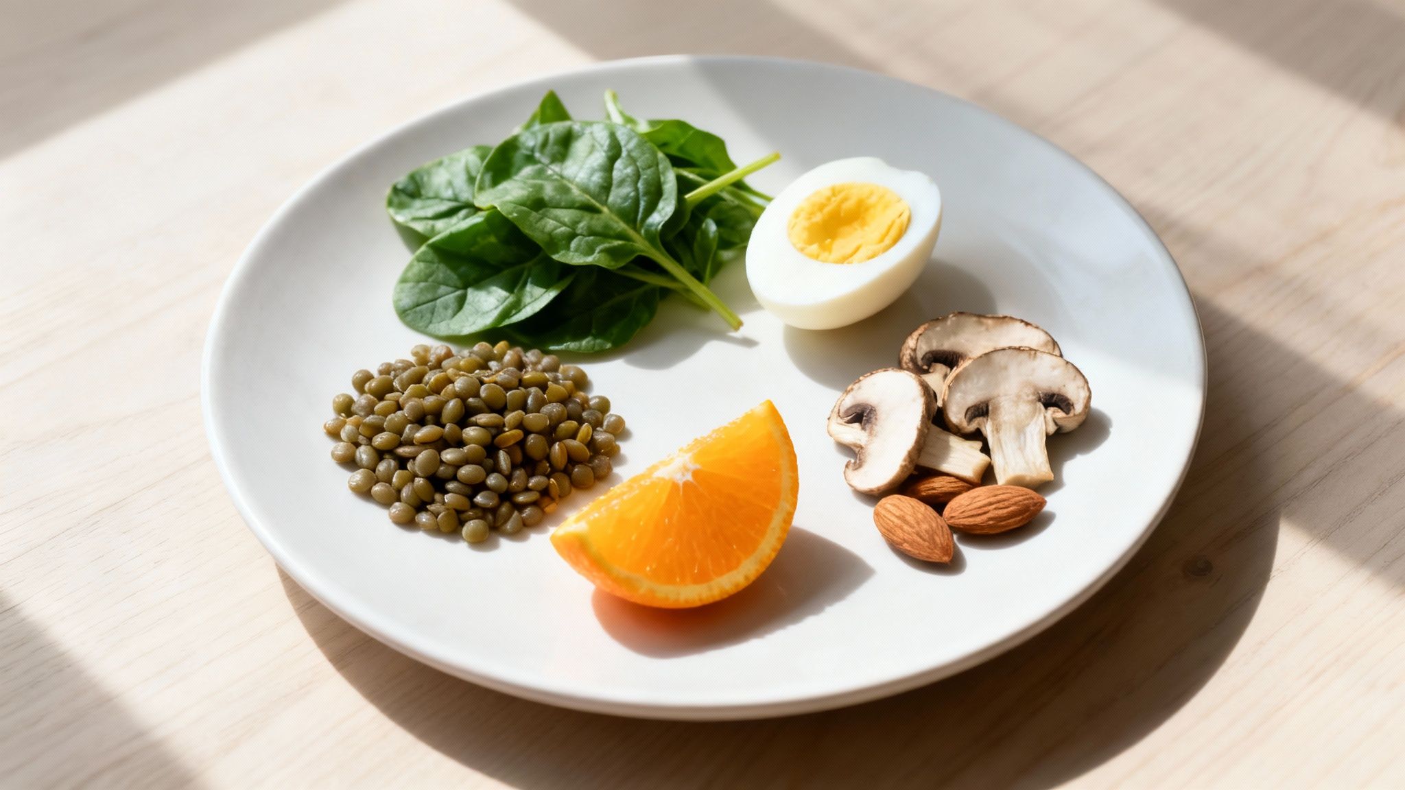 Ein weißer Teller mit einer ausgewogenen Mahlzeit: Spinat, gekochtes Ei, Linsen, Orangenspalte, Pilze und Mandeln.