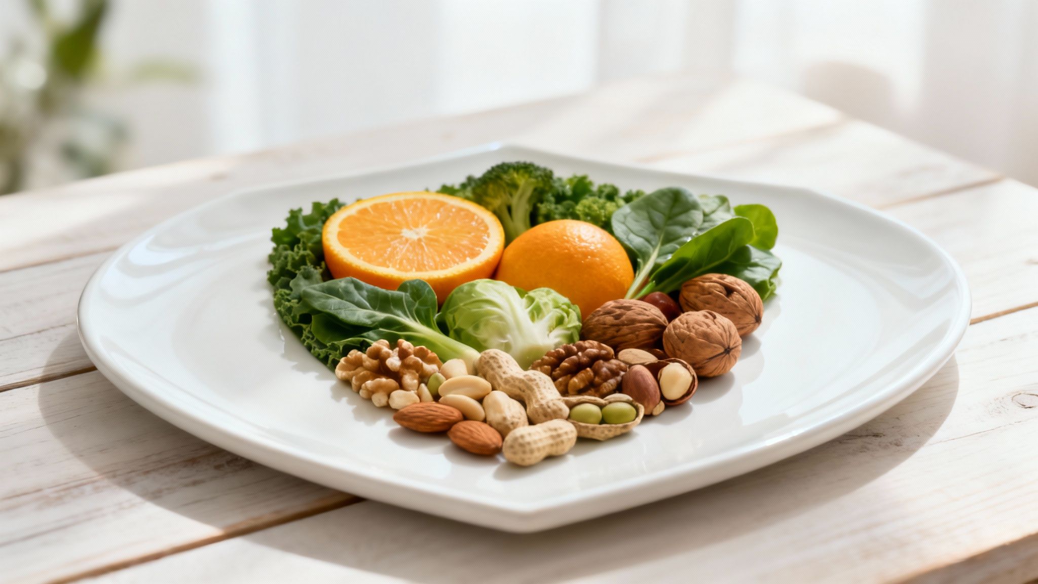Gesunde Lebensmittel auf weißem Teller mit Orangen, grünem Gemüse und verschiedenen Nüssen zur Stärkung des Immunsystems