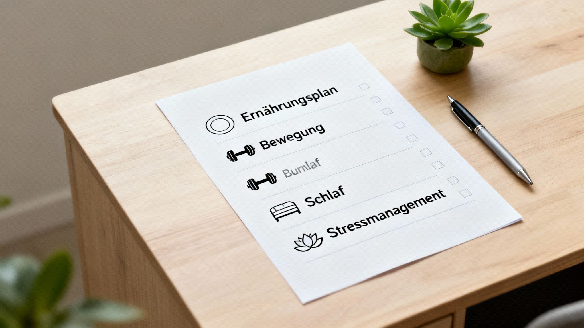 Checkliste zu Gesundheitsthemen wie Ernährung, Bewegung, Schlaf und Stressmanagement auf einem Holztisch.
