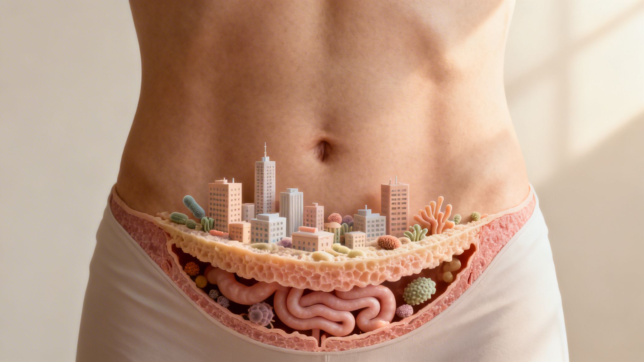 Querschnitt durch den menschlichen Bauch mit Darm und symbolischer Stadt des Mikrobioms.