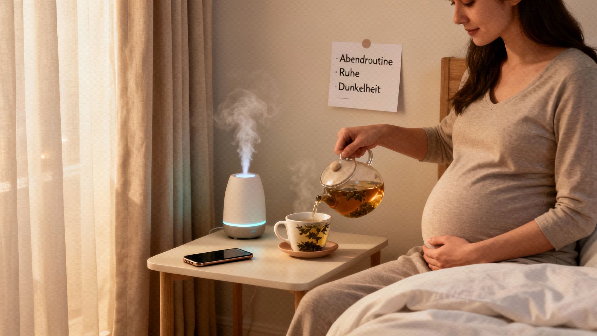 Schwangere Frau gießt beruhigenden Tee, während ein Diffusor sanften Nebel im Schlafzimmer verbreitet, für eine entspannende Abendroutine.