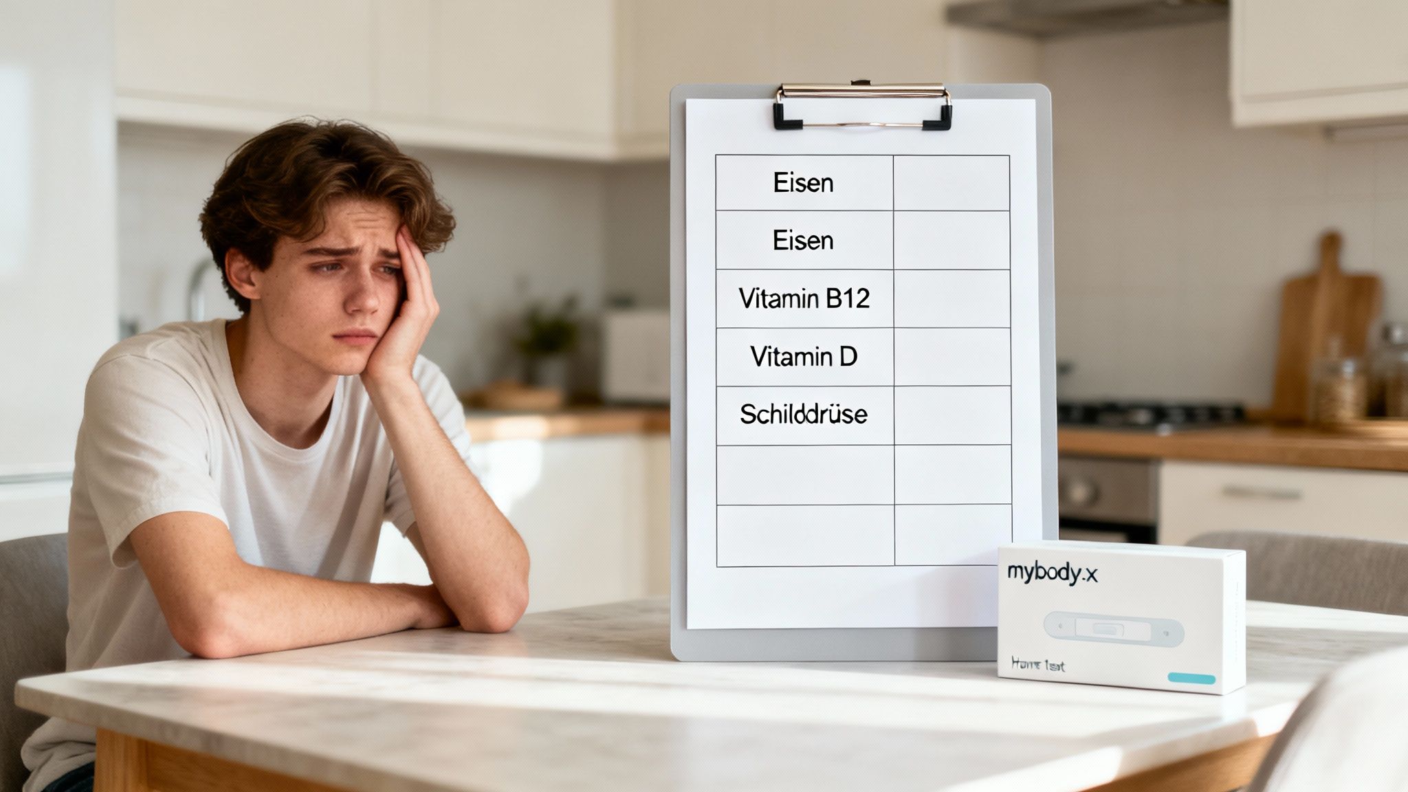 Ein müder junger Mann sitzt an einem Tisch mit einer Liste von Blutwerten und einem Heimtest.