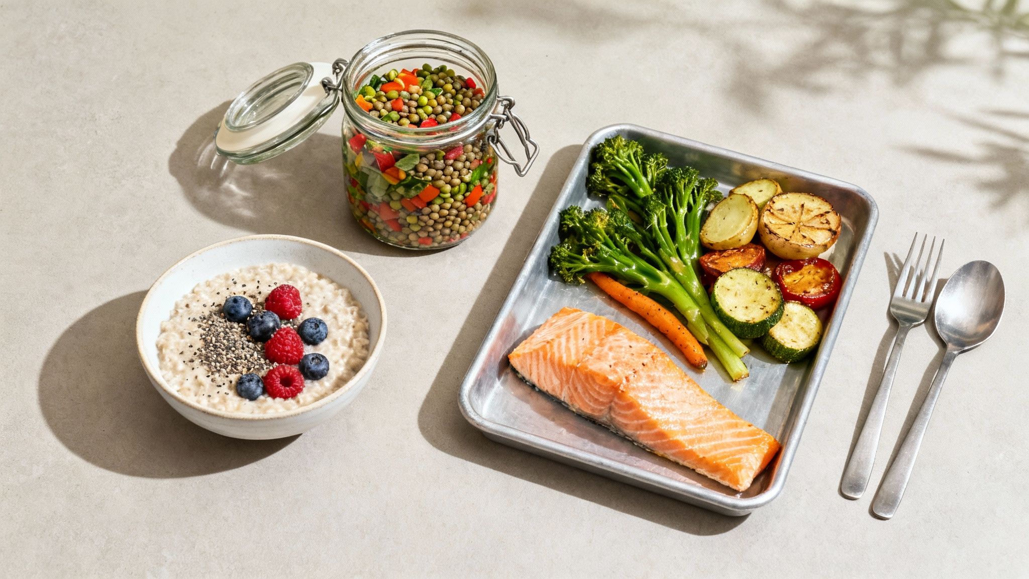 Gesunde Mahlzeit mit Haferbrei, Linsensalat, Lachs und gebratenem Gemüse auf hellem Hintergrund.