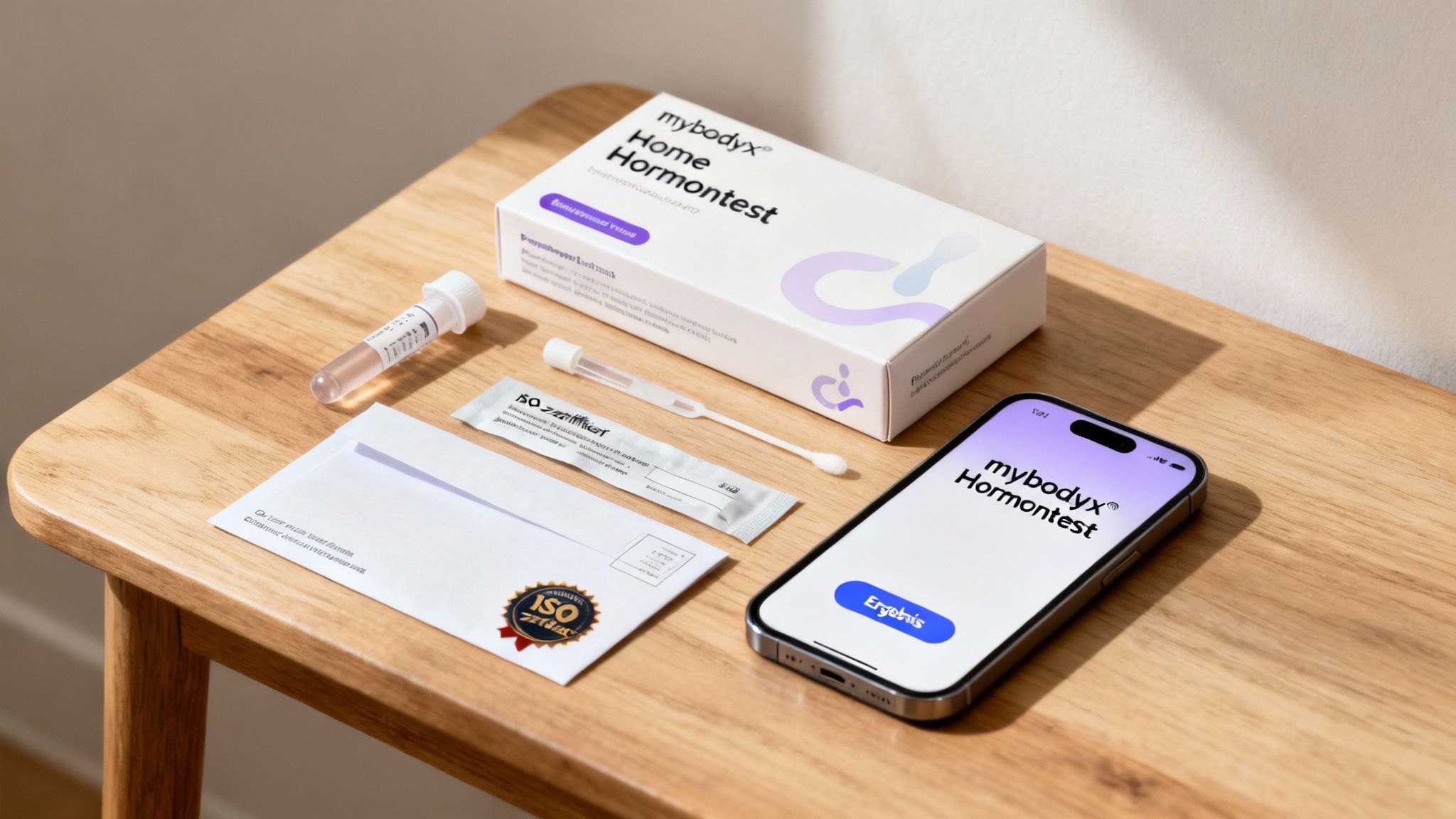 mybodyx Home Hormontest Kit mit Testmaterialien, Umschlag und Smartphone auf einem Holztisch.