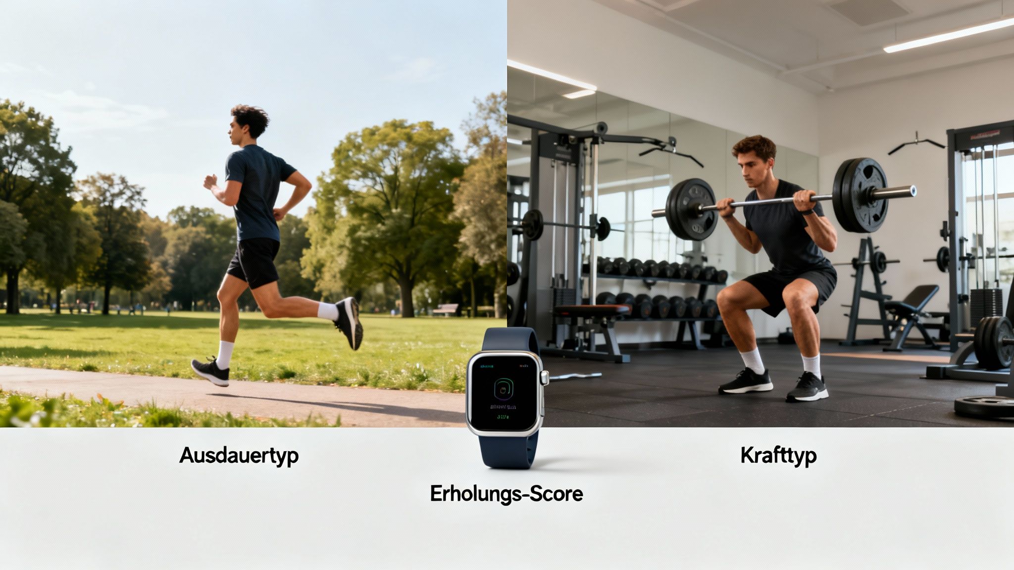 Zwei Männer, einer läuft im Park, der andere macht Kniebeugen im Fitnessstudio, mit einer Smartwatch und Text zu Ausdauer, Kraft und Erholung.
