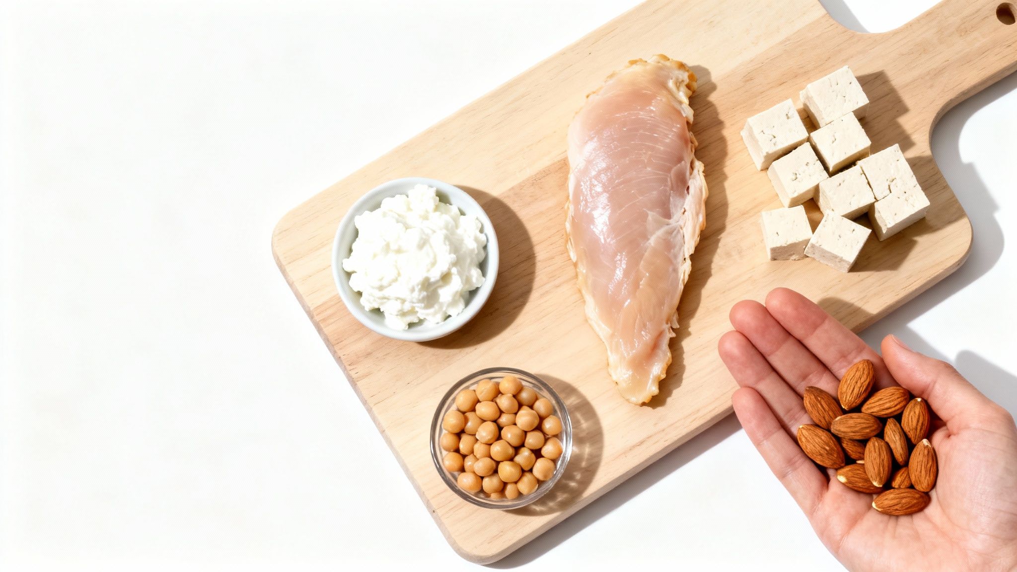 Eine Auswahl an gesunden, proteinreichen Lebensmitteln wie Fisch, Nüsse, Eier und Gemüse