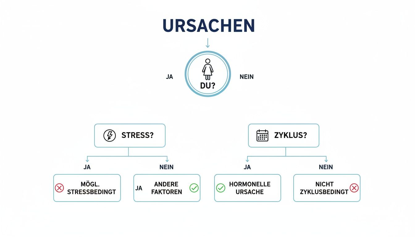 Flussdiagramm „Ursachen“ erklärt mögliche Auslöser wie Stress, hormonelle oder andere Faktoren für Beschwerden.