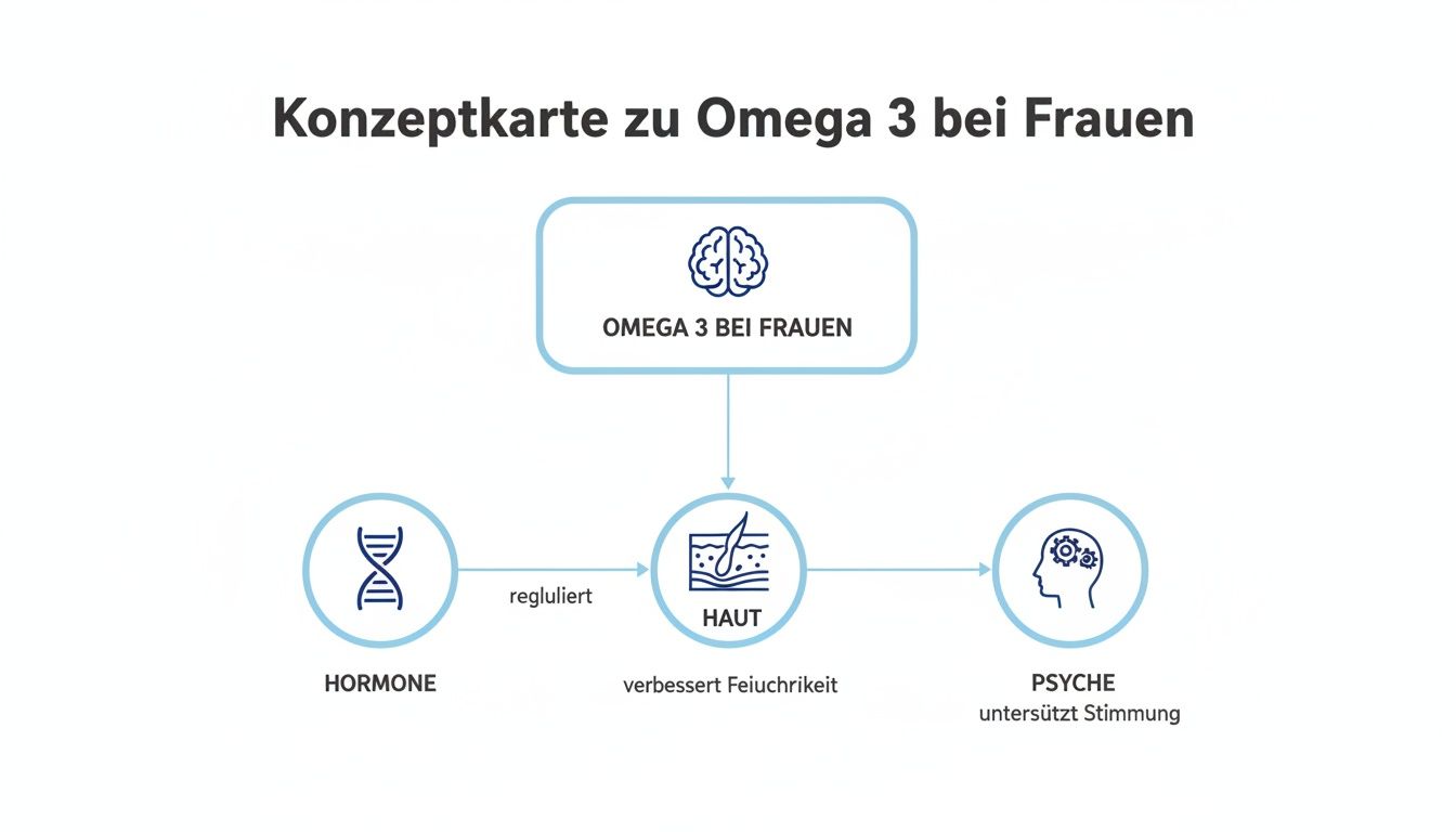Konzeptkarte zu Omega 3 bei Frauen, die deren positiven Einfluss auf Hormone, Hautfeuchtigkeit und Stimmung darstellt.