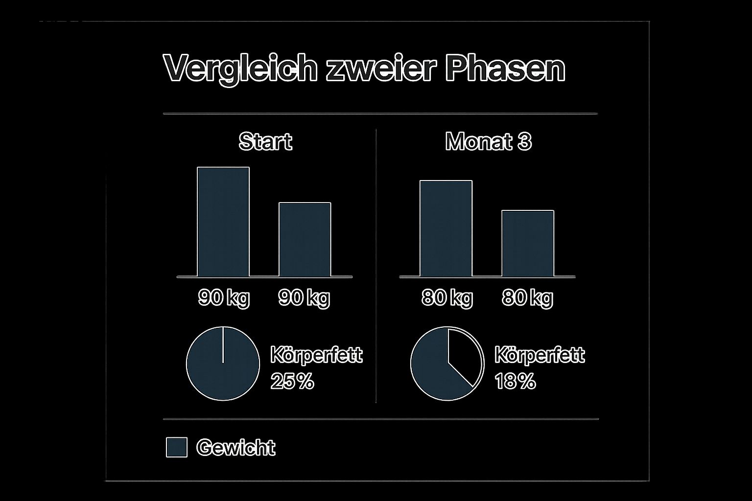 Infografik, die den Gewichts- und Körperfettverlust eines Mannes nach drei Monaten strategischer Ernährung zeigt.