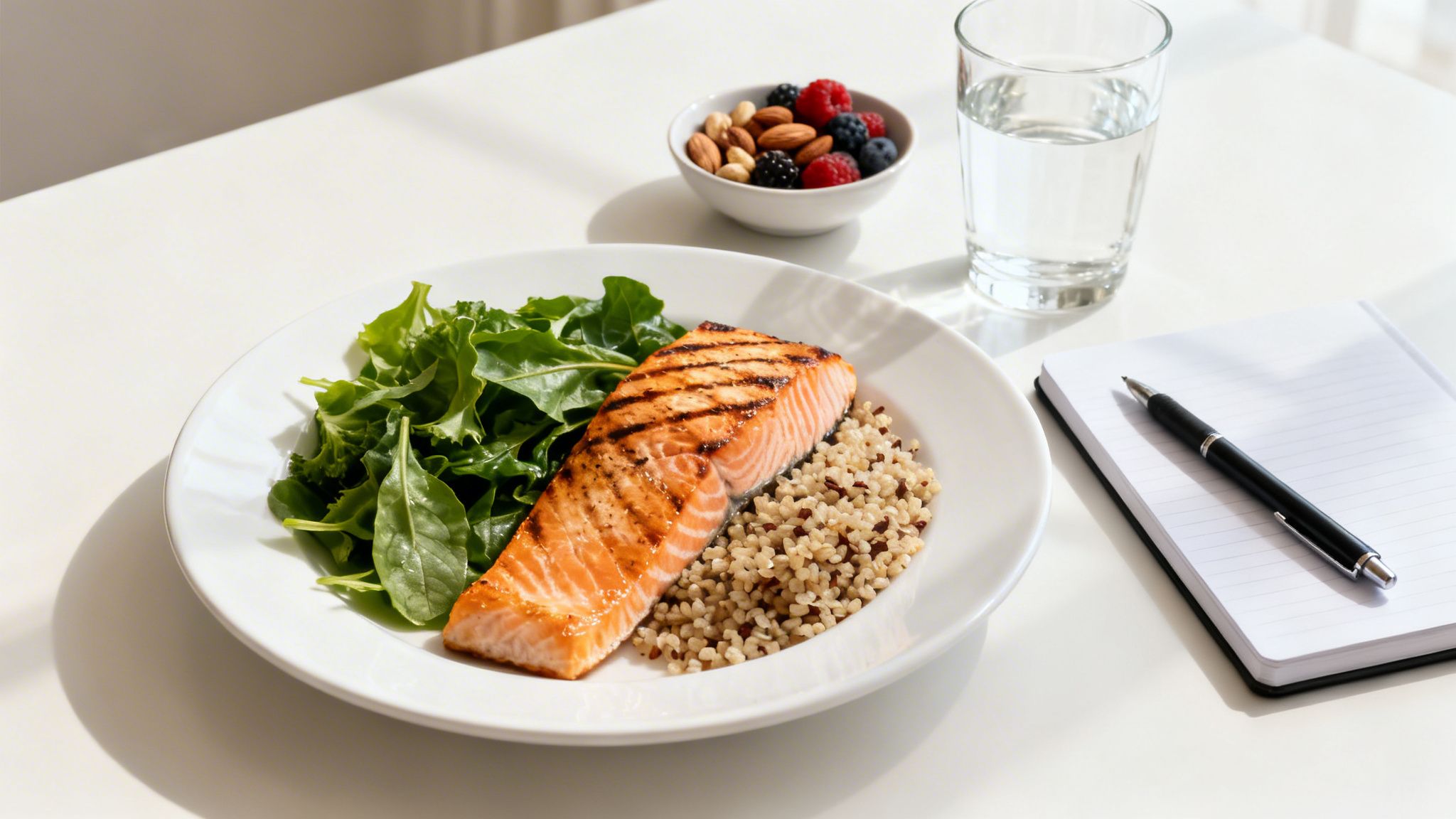 Pranzo sano con salmone grigliato, quinoa, insalata, frutta secca e frutti di bosco, acqua e quaderno su un tavolo bianco.