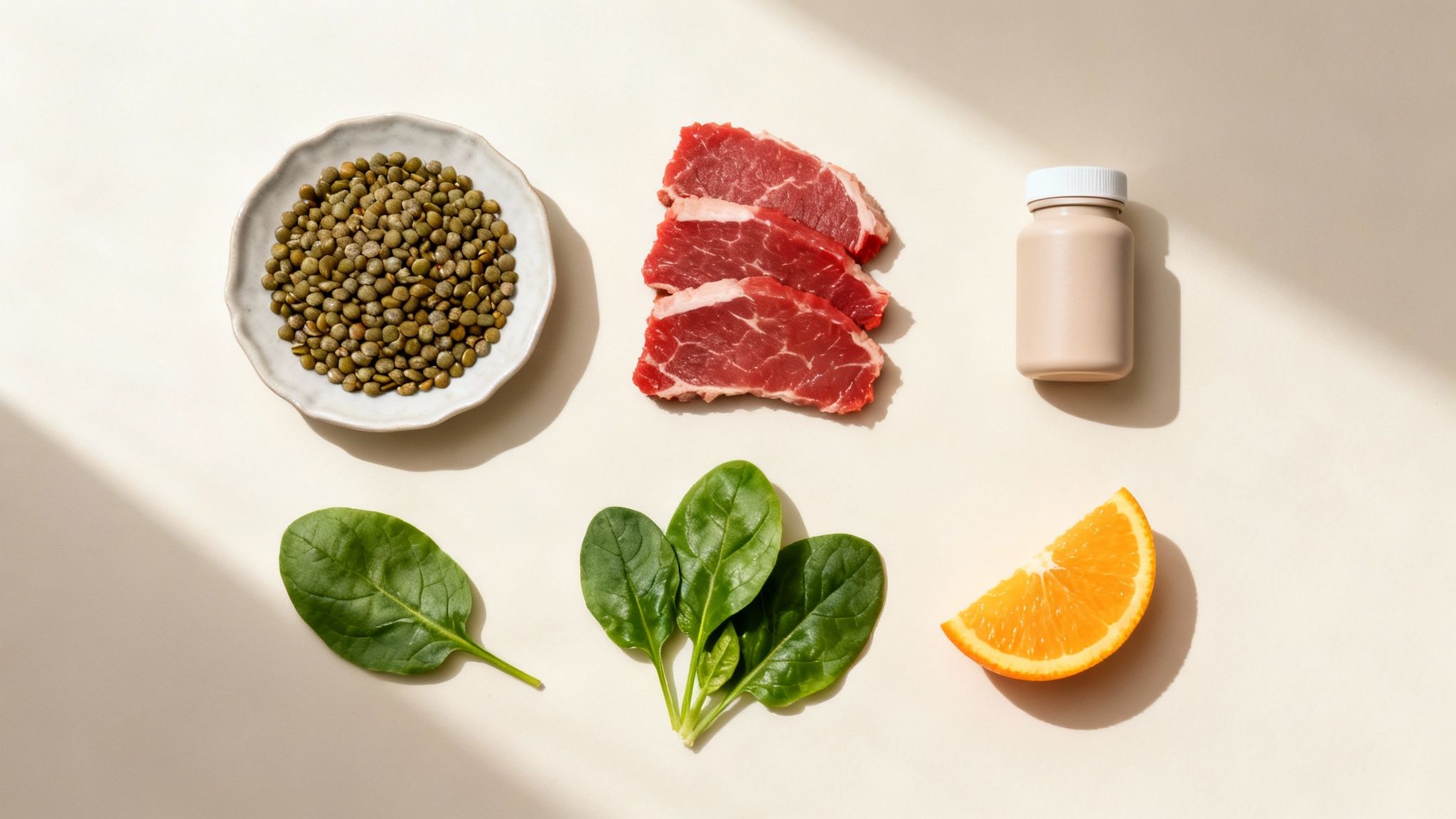 Eisenreiche Lebensmittel wie Linsen, rohes Fleisch, Spinat, eine Orangenscheibe und eine braune Flasche.