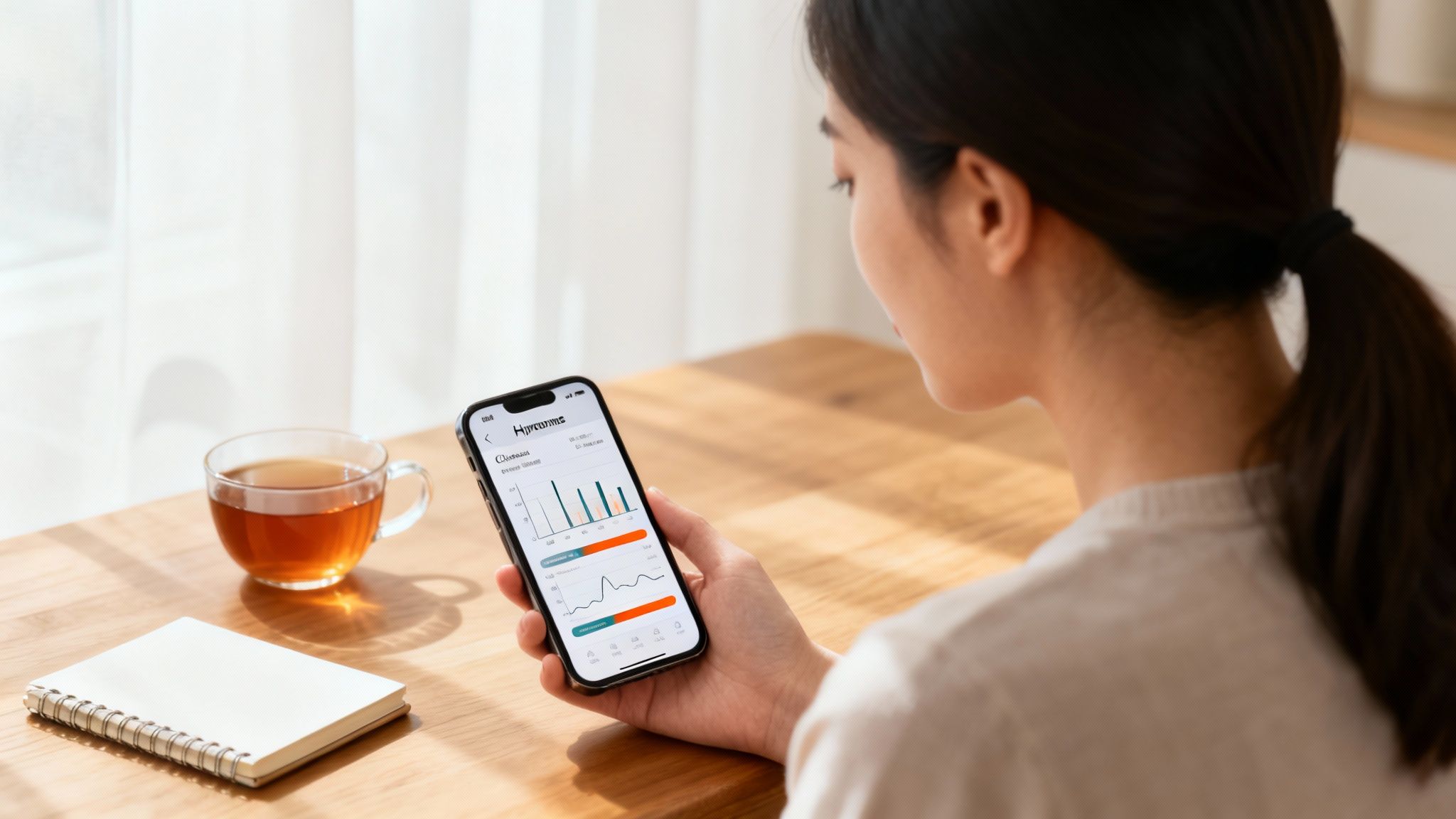 Eine Frau betrachtet auf ihrem Smartphone eine Gesundheits-App mit Hormondaten, neben einer Tasse Tee und einem Notizbuch.