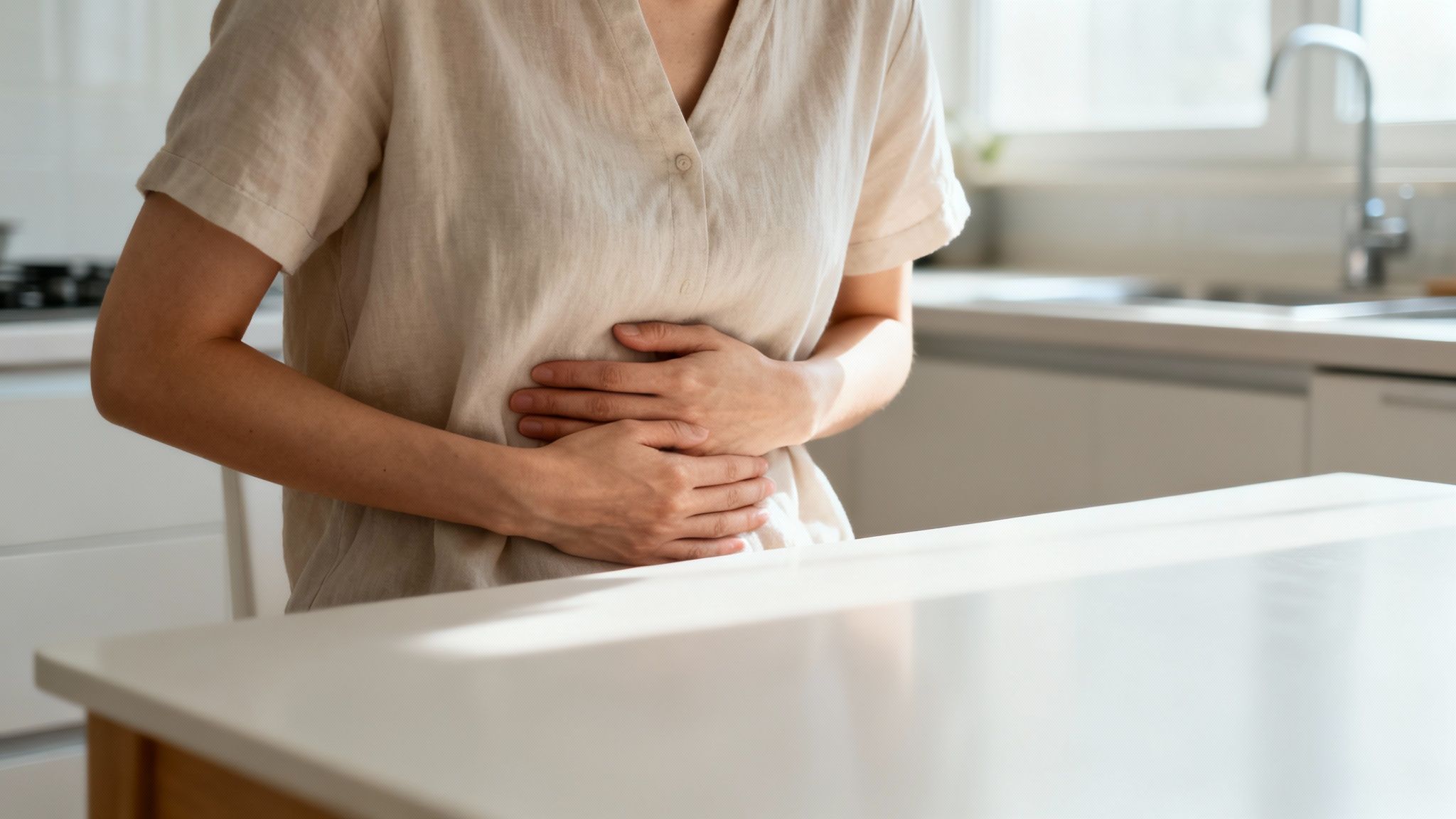 Eine Frau in einer Küche hält sich den Bauch, möglicherweise aufgrund von Magenbeschwerden oder Schmerzen.