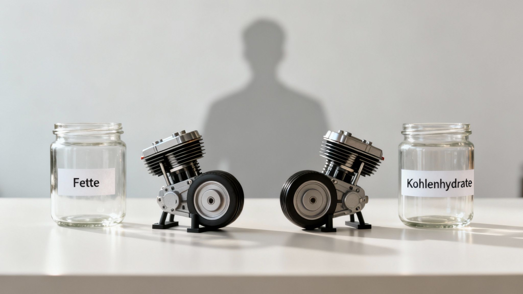 Zwei Gläser, beschriftet mit 'Fette' und 'Kohlenhydrate', stehen neben zwei Motor-Modellen mit Menschenschatten im Hintergrund.