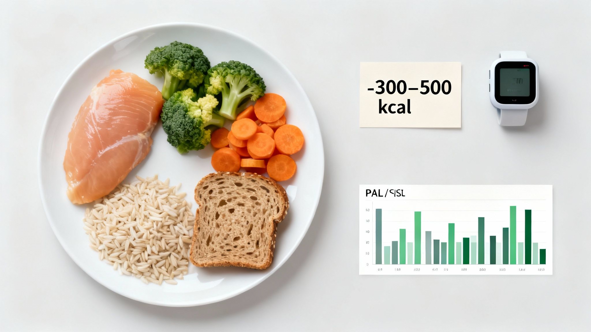 Eine ausgewogene Mahlzeit mit Hähnchenbrust, Gemüse, Reis und Brot, ergänzt durch Kalorieninformation und Fitness-Tracking.