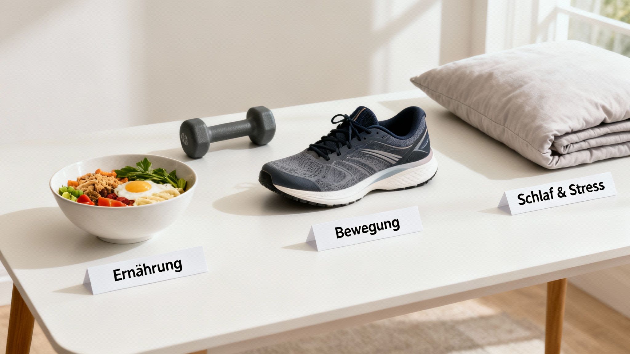 Drei wichtige Säulen für einen gesunden Lebensstil: Ernährung, Bewegung und Schlaf & Stress auf einem Tisch.