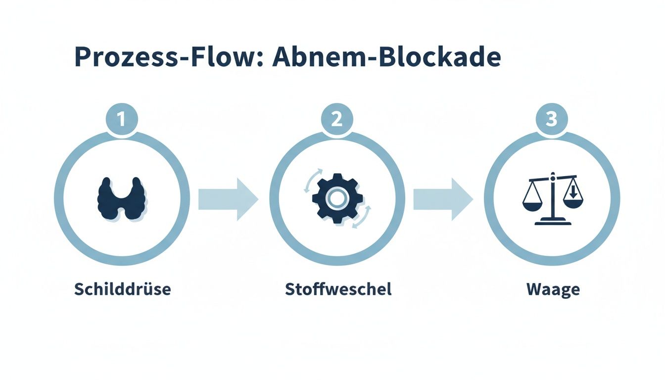 Prozess-Flow zur Abnehm-Blockade, visualisiert die Schritte Schilddrüse, Stoffwechsel und Waage als Einflussfaktoren.