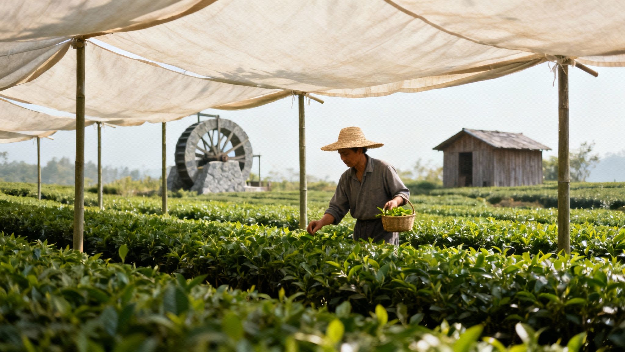 Ein traditionelles japanisches Feld, in dem Teepflanzen für Matcha Green Tee unter speziellen Abdeckungen im Schatten wachsen.