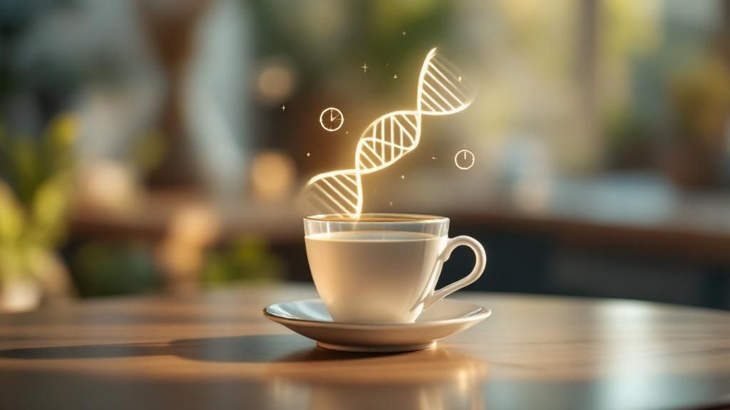 Kaffeebohnen und eine DNA-Doppelhelix, die das Konzept der genetischen Koffein-Analyse visualisieren.