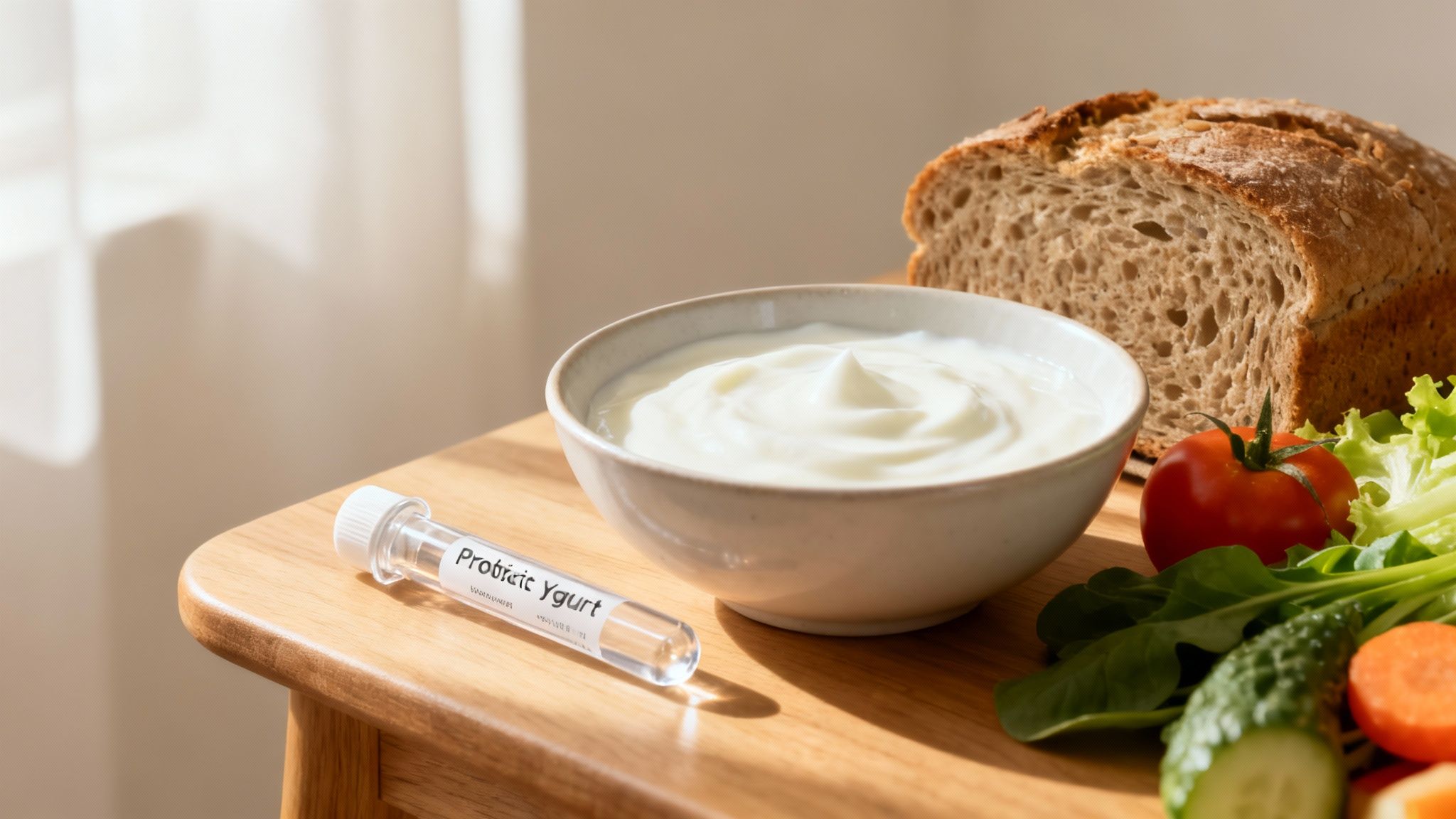 Una ciotola di yogurt probiotico, pane e verdure fresche su un tavolo di legno, alla luce del sole.