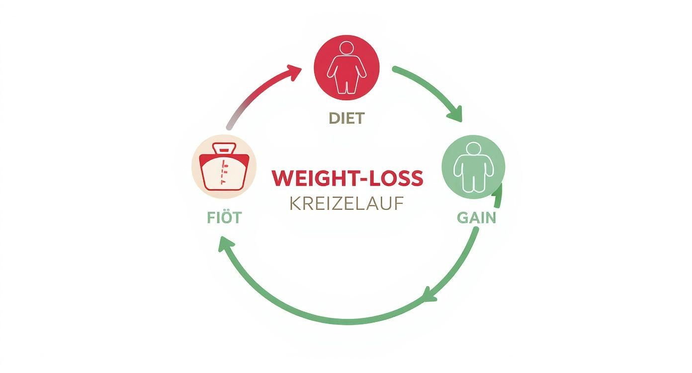 Ein Kreislaufdiagramm zum Jo-Jo-Effekt, das Phasen von Diät, Gewichtszunahme und erneutem Abnehmen darstellt.