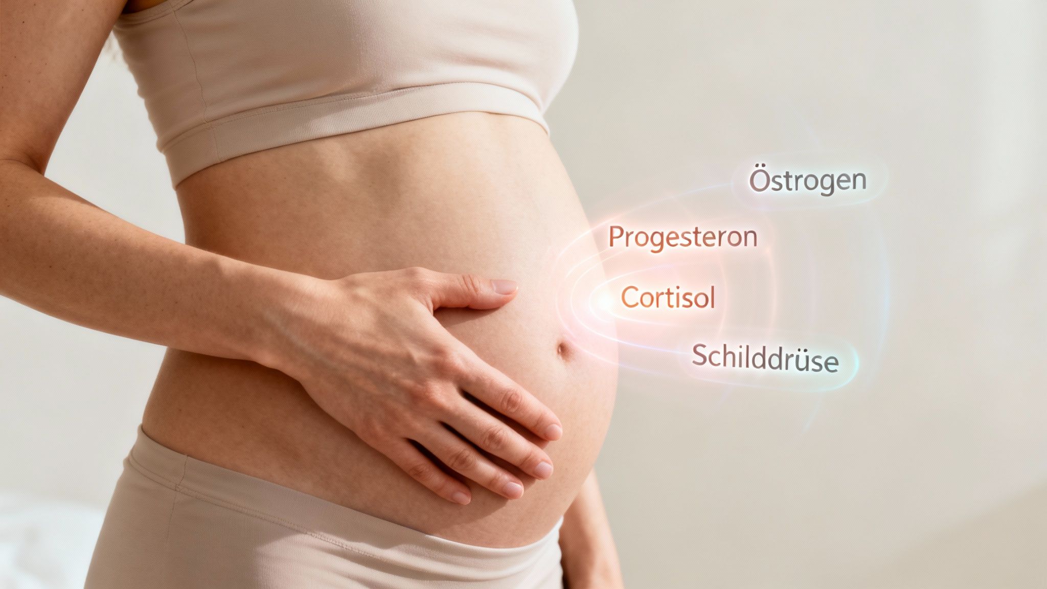 Schwangerschaftshormone visualisiert: Eine schwangere Frau mit Östrogen-, Progesteron-, Cortisol- und Schilddrüsen-Labels.