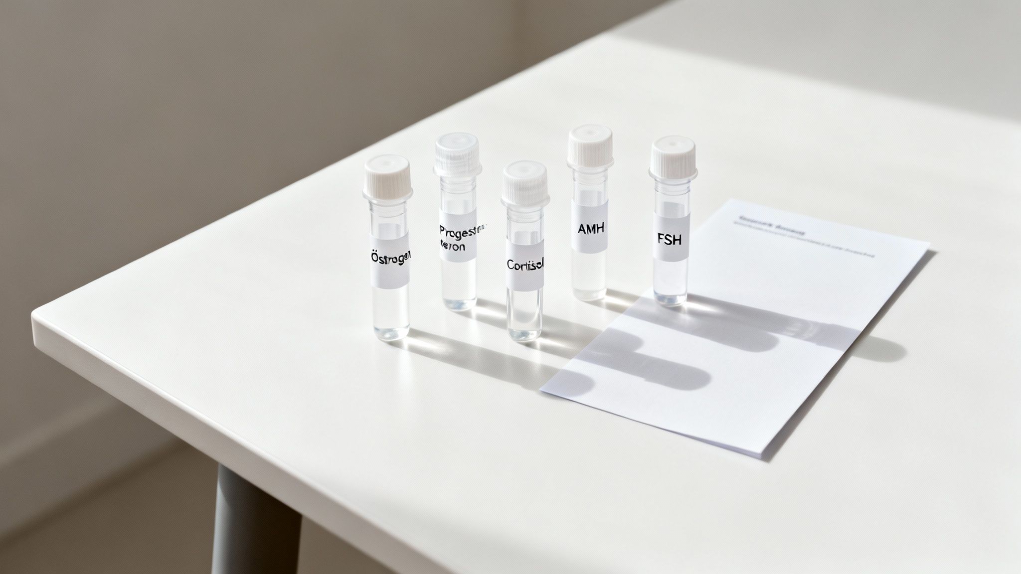 Cinco tubos de ensaio rotulados para testes hormonais estão sobre uma mesa branca ao lado de um documento.