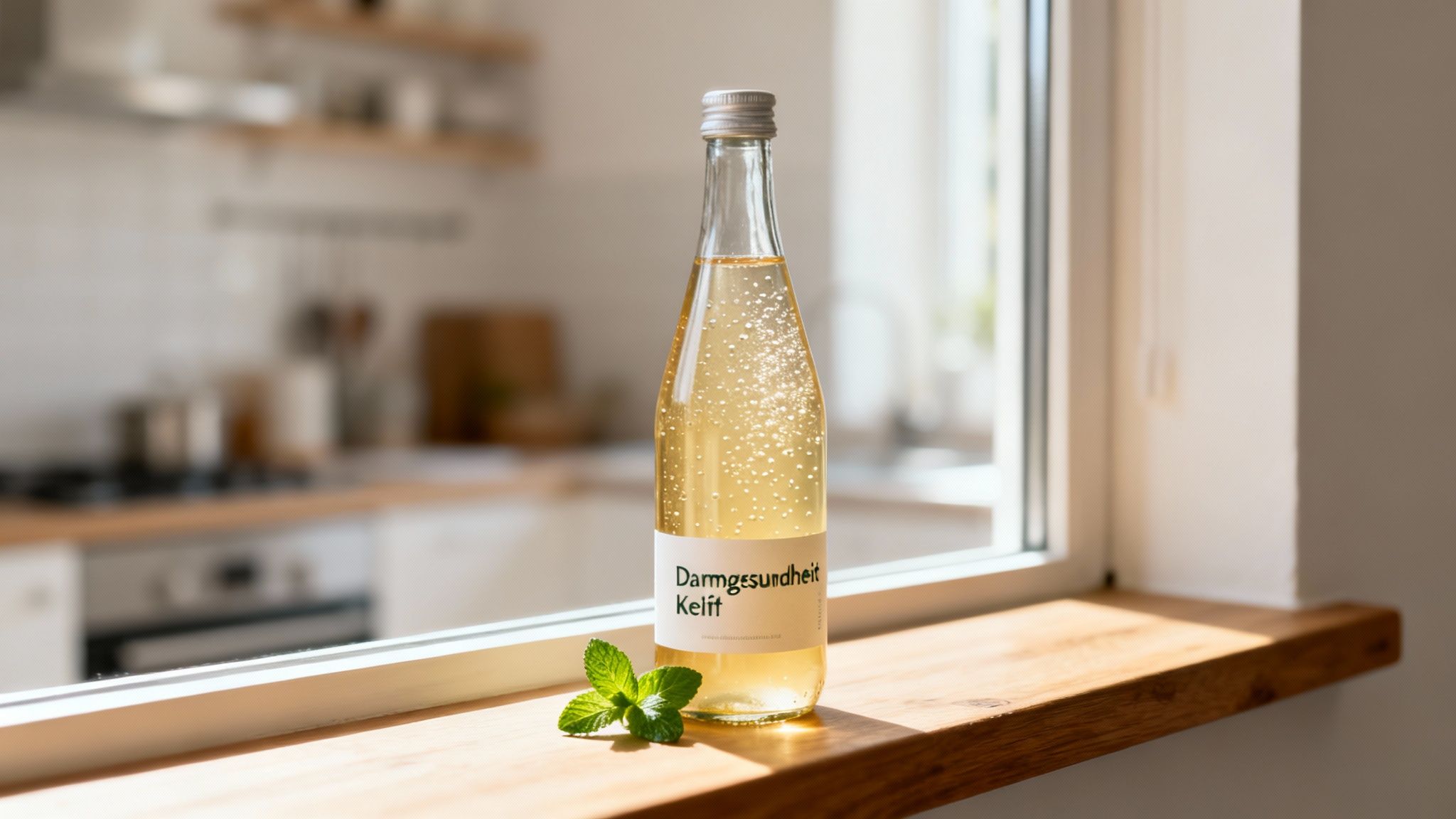 Een fles bruisende darmgezondheid Kefir met munt op een houten vensterbank in een zonnige keuken.