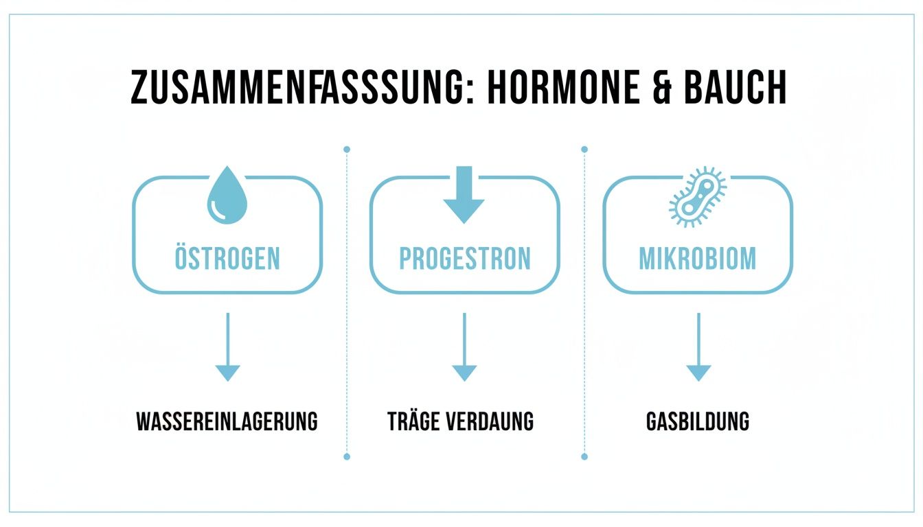 Panoramica sugli ormoni e sul microbiota che influenzano la ritenzione idrica, la digestione e la formazione di gas nell'addome.