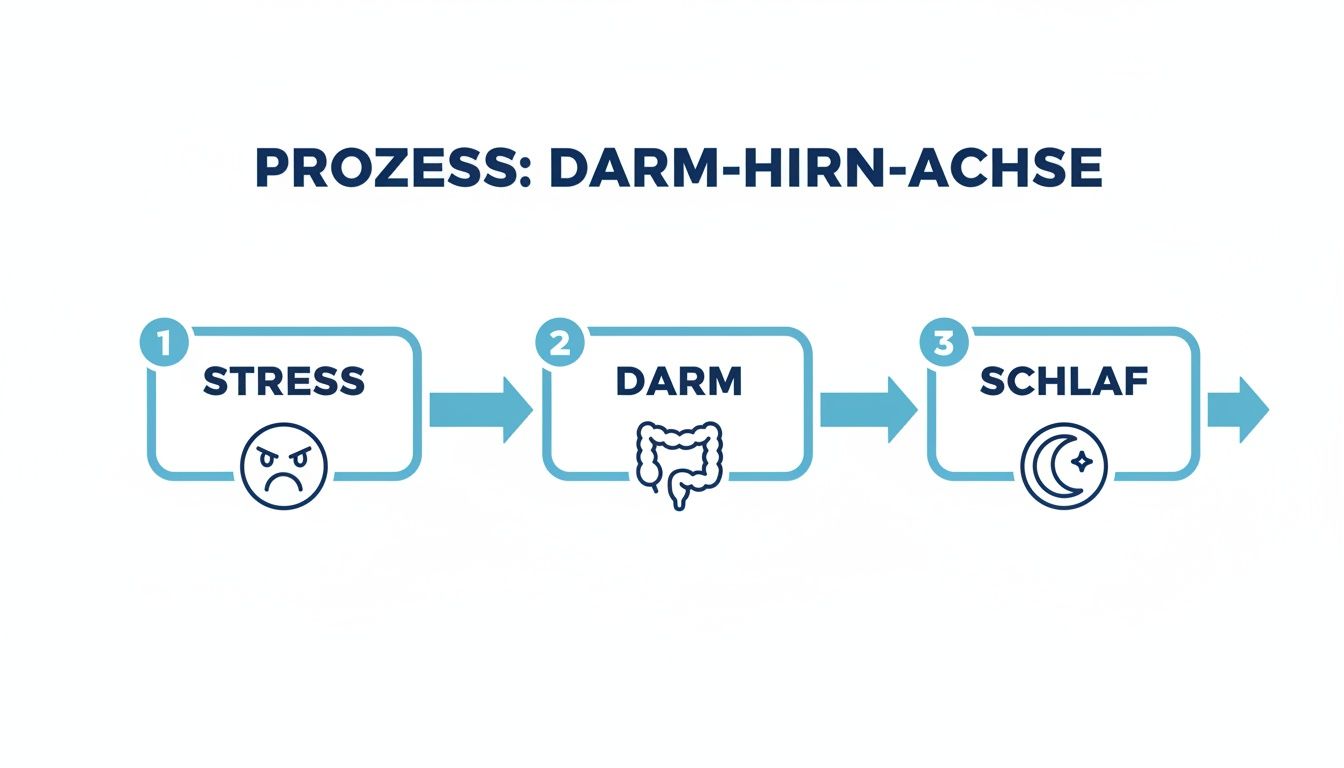 Infografik zur Darm-Hirn-Achse, die den Zusammenhang zwischen Stress, Darmgesundheit und Schlaf darstellt.