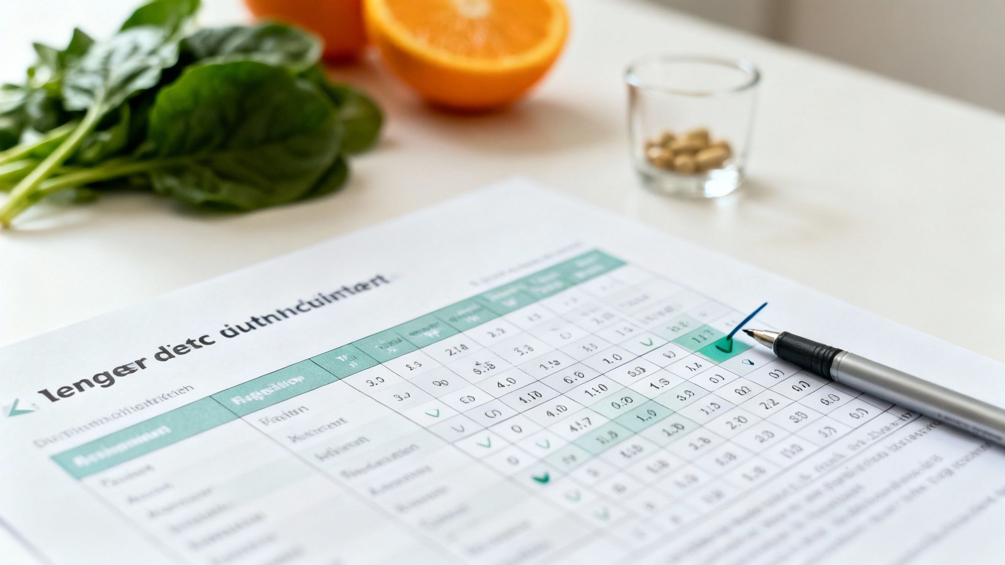 Nahaufnahme eines Gesundheitsprotokolls mit Stift, frischem Spinat, Orange und Nahrungsergänzungsmitteln.