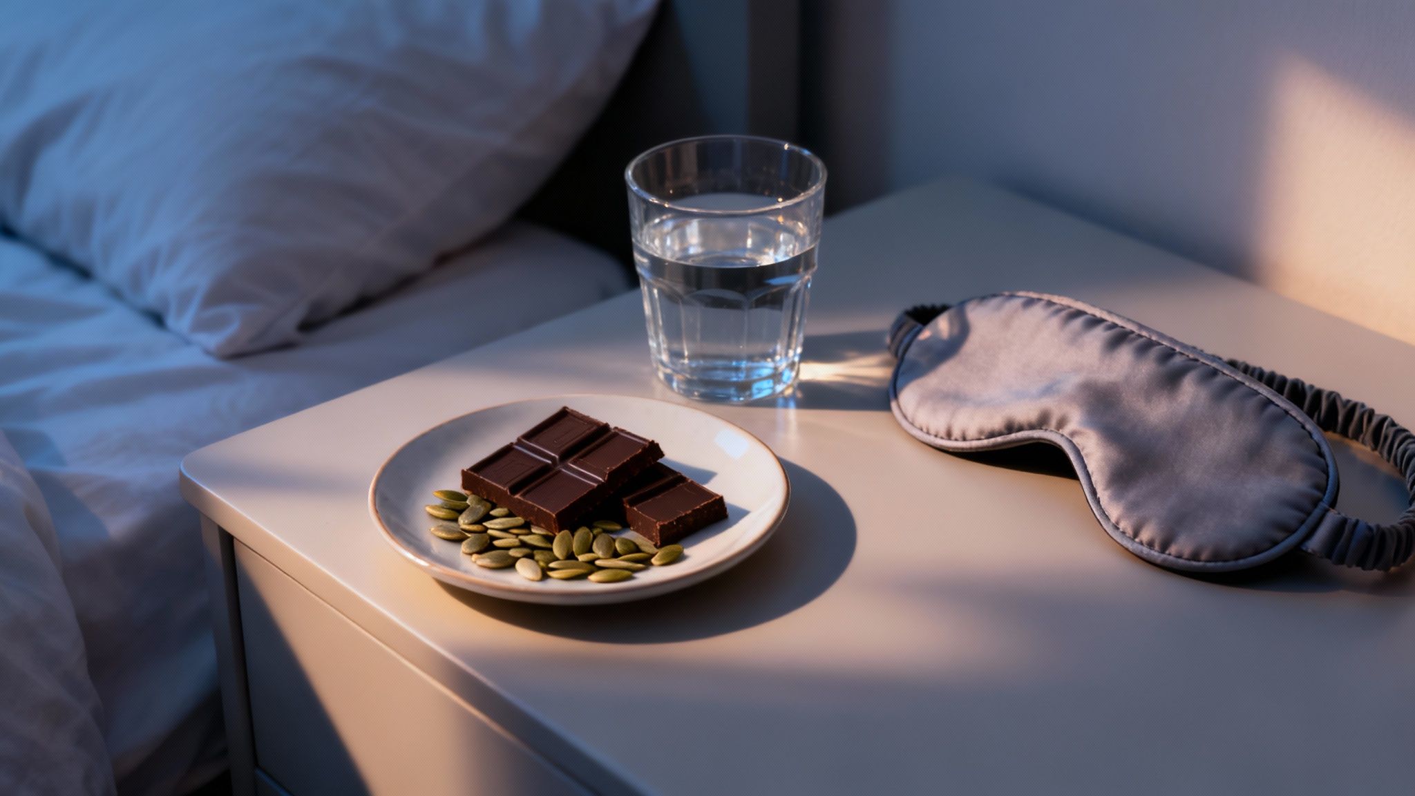 Nachttisch mit Wasser, Schokolade, Kürbiskernen und einer Schlafmaske neben einem Bett.
