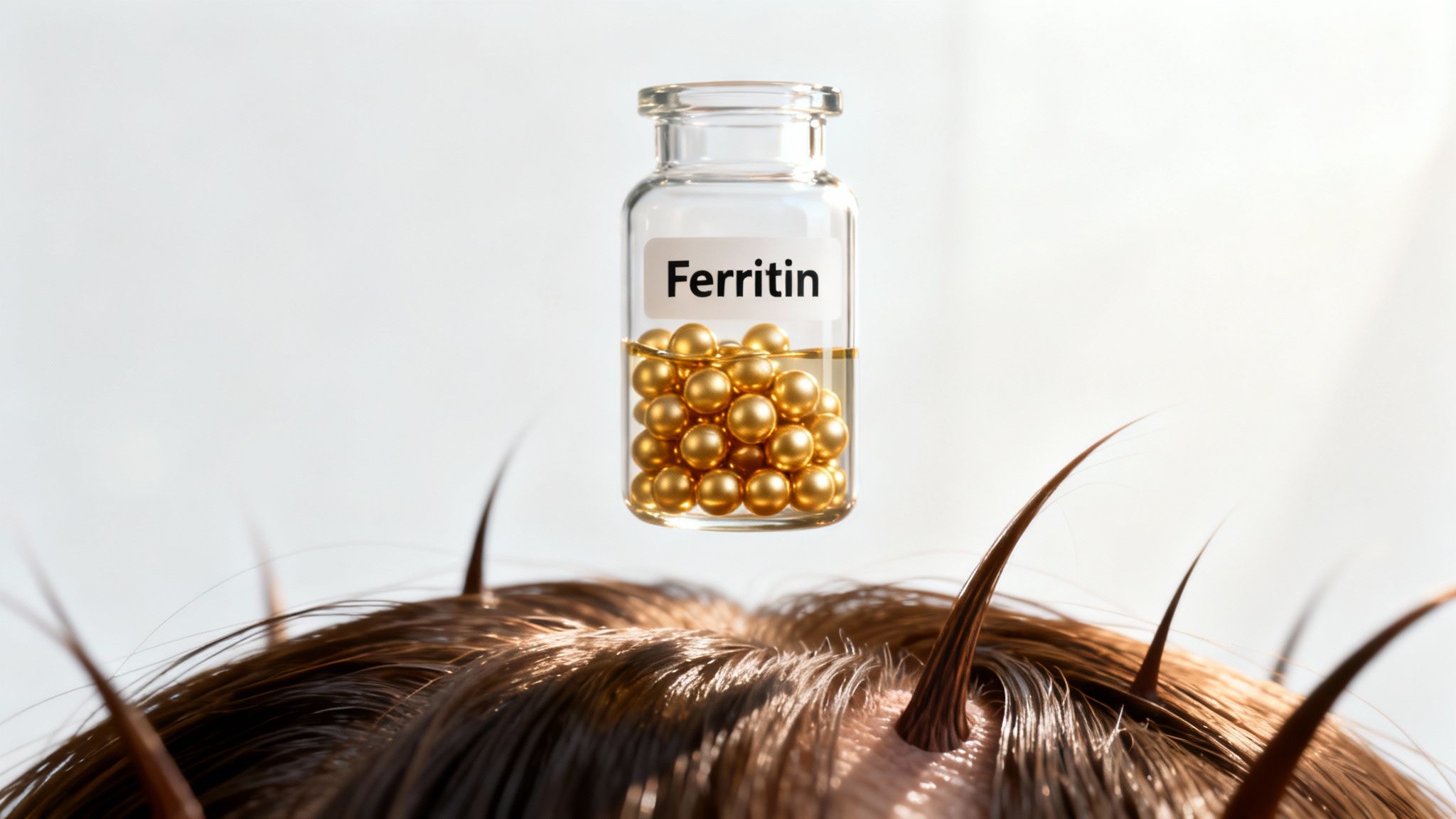 Flasche Ferritin-Kapseln schwebt über einer Nahaufnahme der Kopfhaut mit Haaren, symbolisiert die Behandlung von Haarausfall.