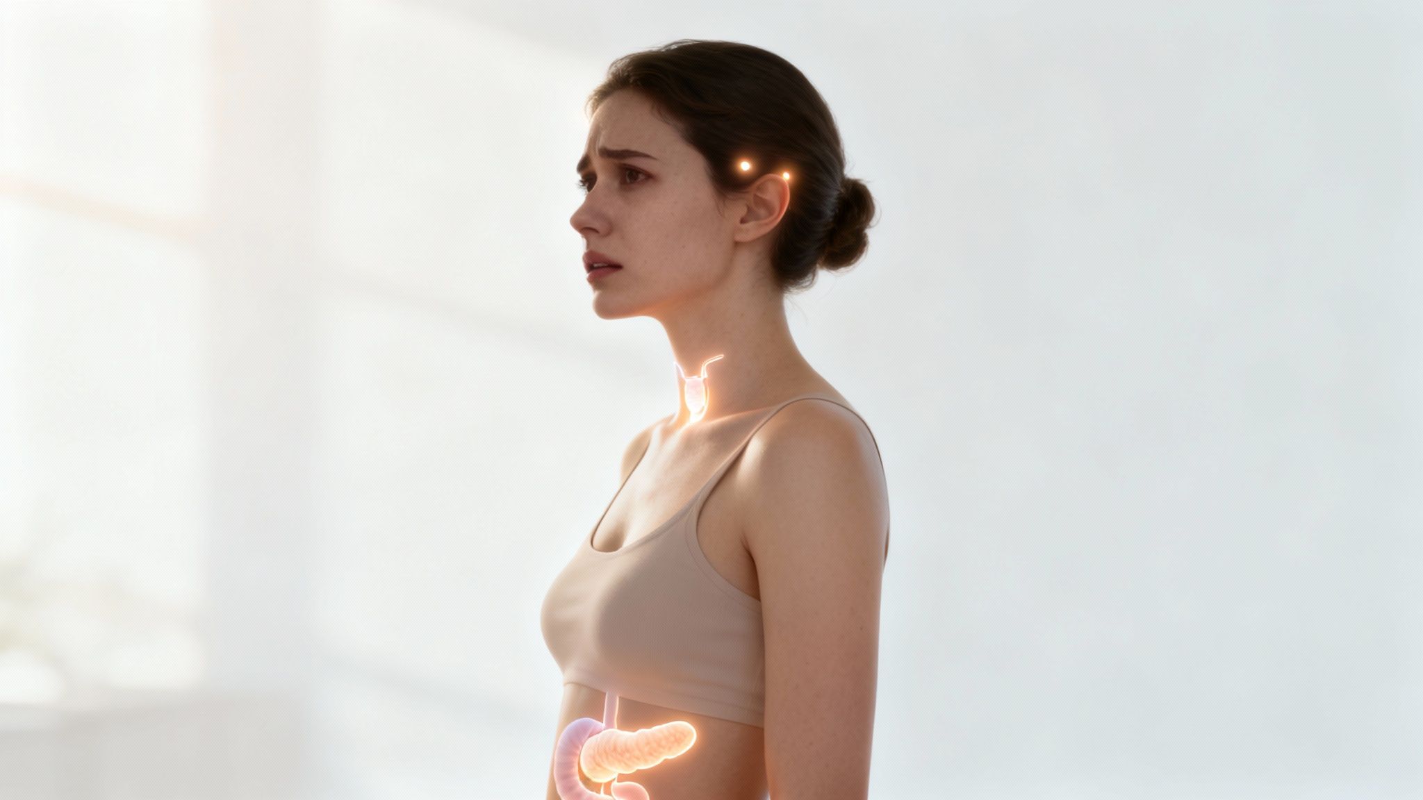 Eine besorgte Frau mit leuchtenden Organen wie Schilddrüse, Magen und Bauchspeicheldrüse.