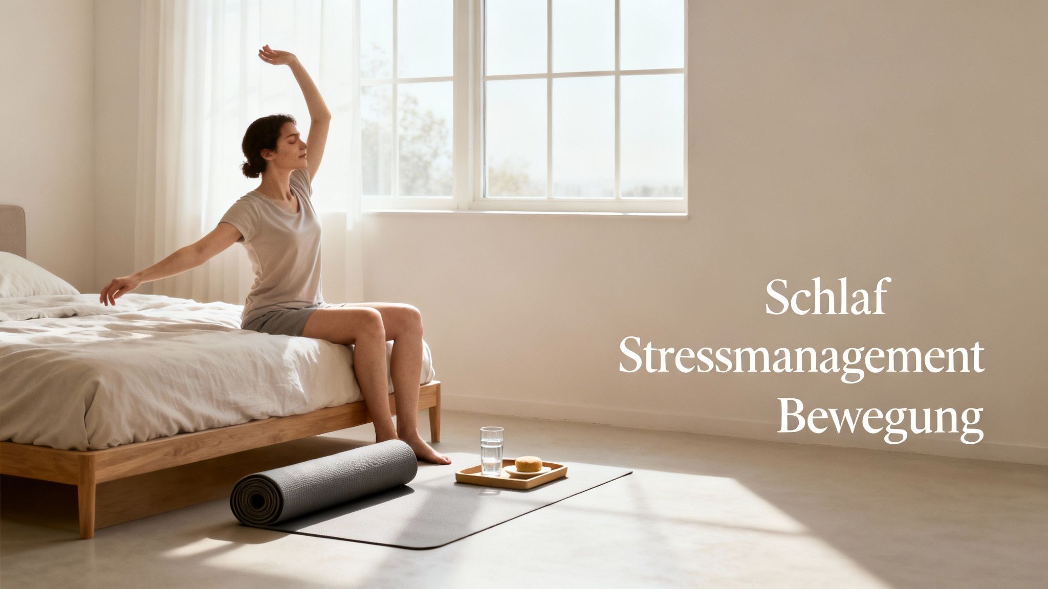 Eine Frau streckt sich morgens im Bett, eine Yogamatte und Wasser auf dem Boden. Fördert Schlaf, Stressmanagement und Bewegung.