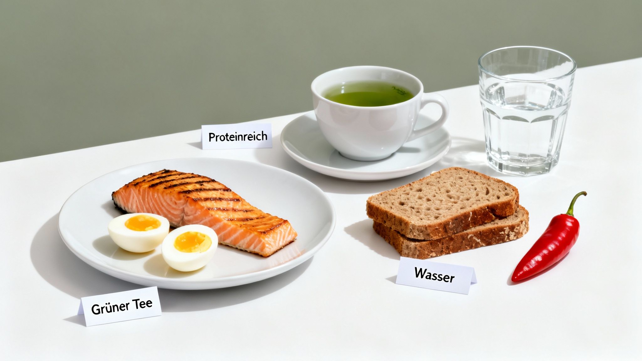 Tischgedeck mit proteinreichem Lachs, hartgekochten Eiern, grünem Tee, Wasser, Vollkornbrot und einer roten Chili.