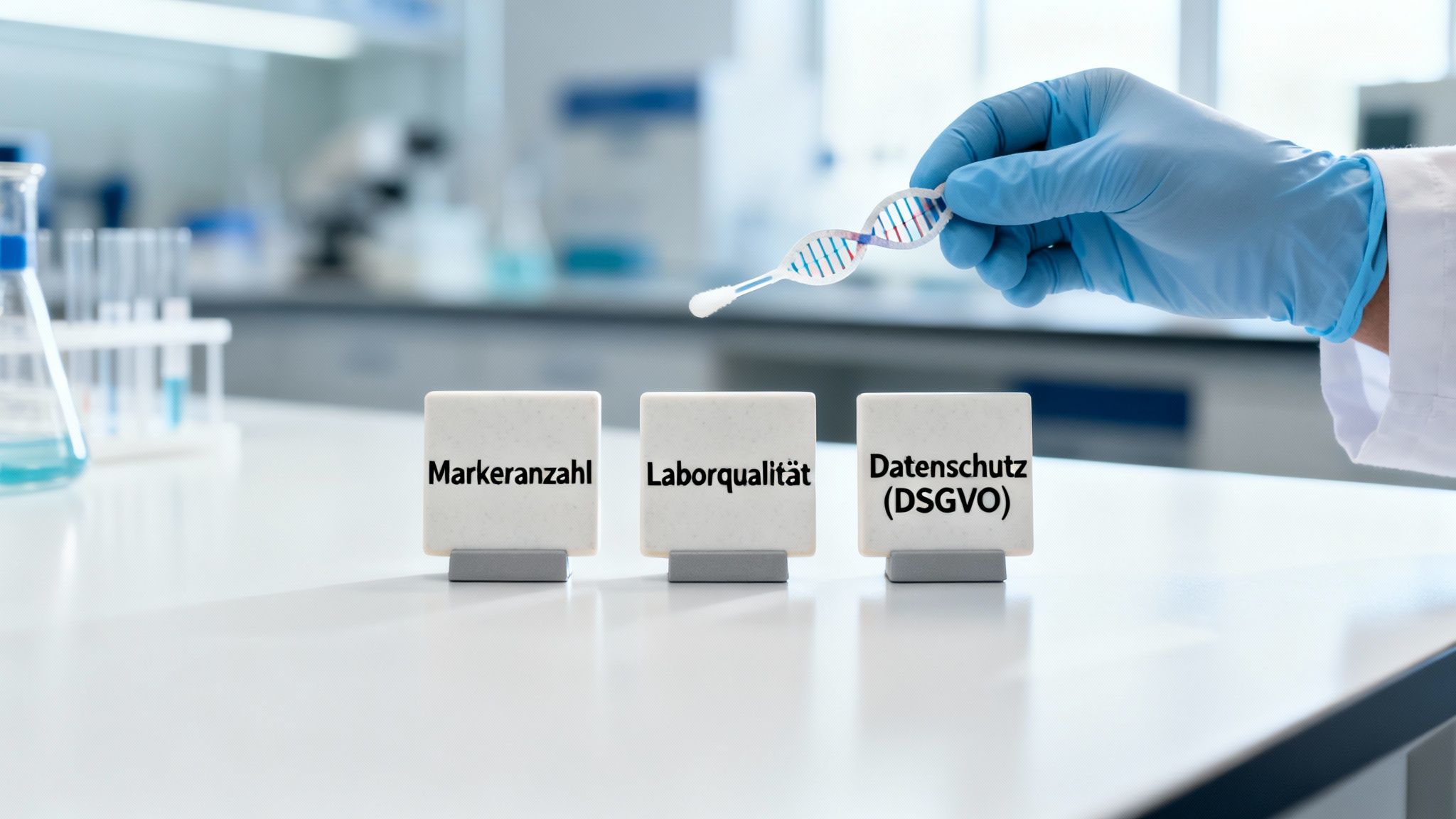 Wissenschaftler mit Handschuh hält DNA-Modell über Blöcke mit "Markeranzahl", "Laborqualität" und "Datenschutz" im Labor.