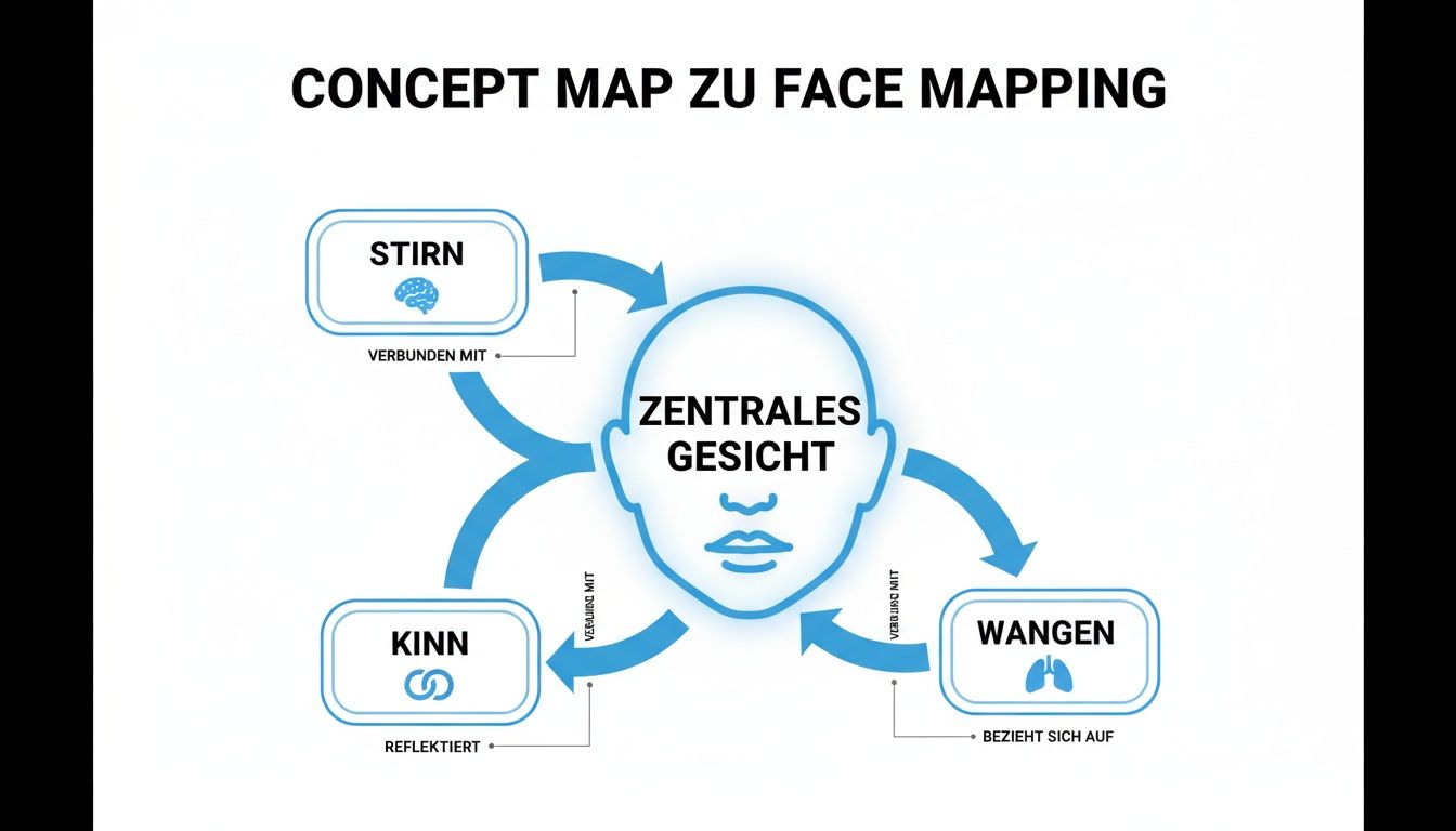 Konzeptkarte zum Face Mapping, die Zusammenhänge zwischen Stirn, Kinn, Wangen und dem zentralen Gesicht darstellt.