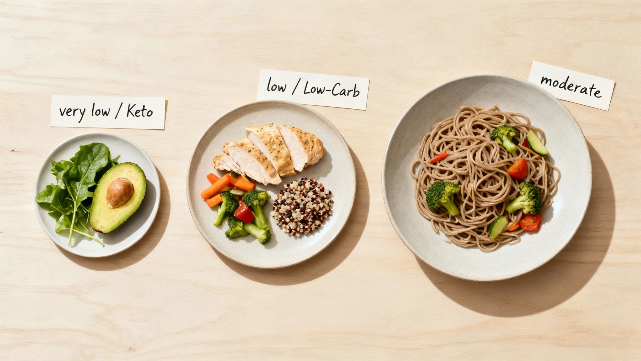 Drei Teller mit unterschiedlichen Kohlenhydratmengen: Keto-Salat, Low-Carb-Hähnchen mit Quinoa, moderate Vollkornnudeln mit Gemüse