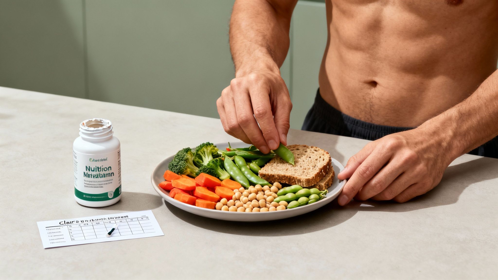 Mann isst gesunde Mahlzeit mit Gemüse, Hülsenfrüchten und Vollkornbrot neben Nahrungsergänzungsmitteln und Ernährungsplan