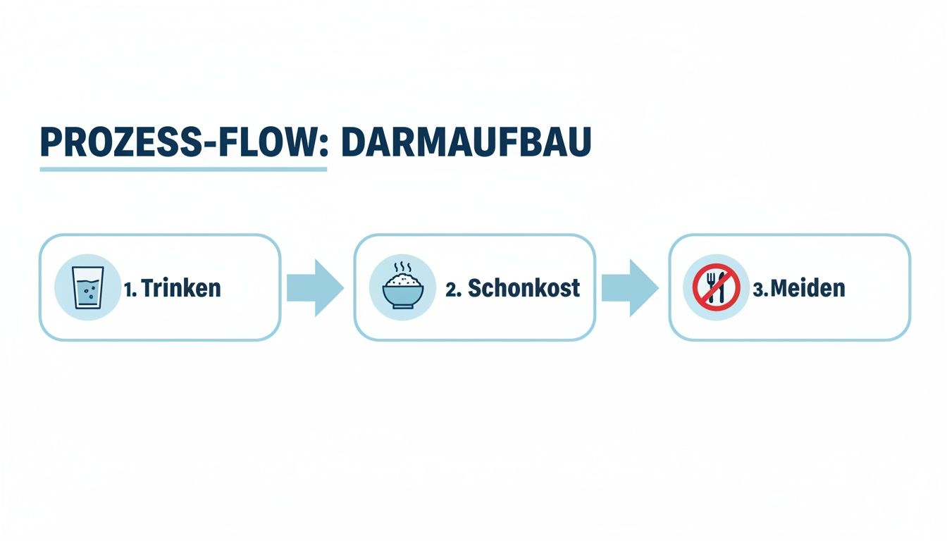 Prozess-Flow zur Darmaufbau-Strategie, visuell dargestellt mit den Schritten Trinken, Schonkost und Meiden.