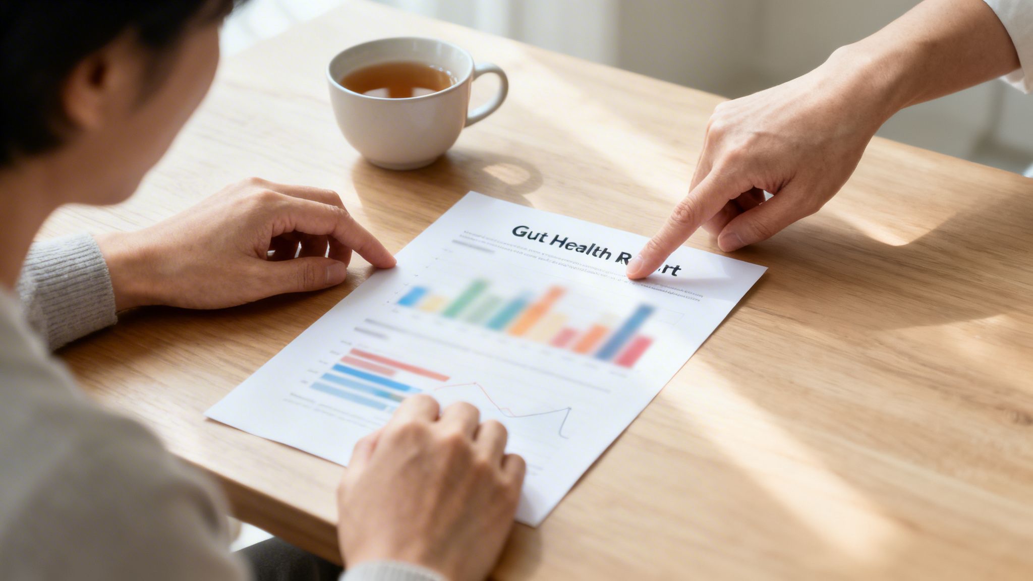 Due persone stanno esaminando un referto sulla salute intestinale su un tavolo di legno, e una delle due indica il referto.