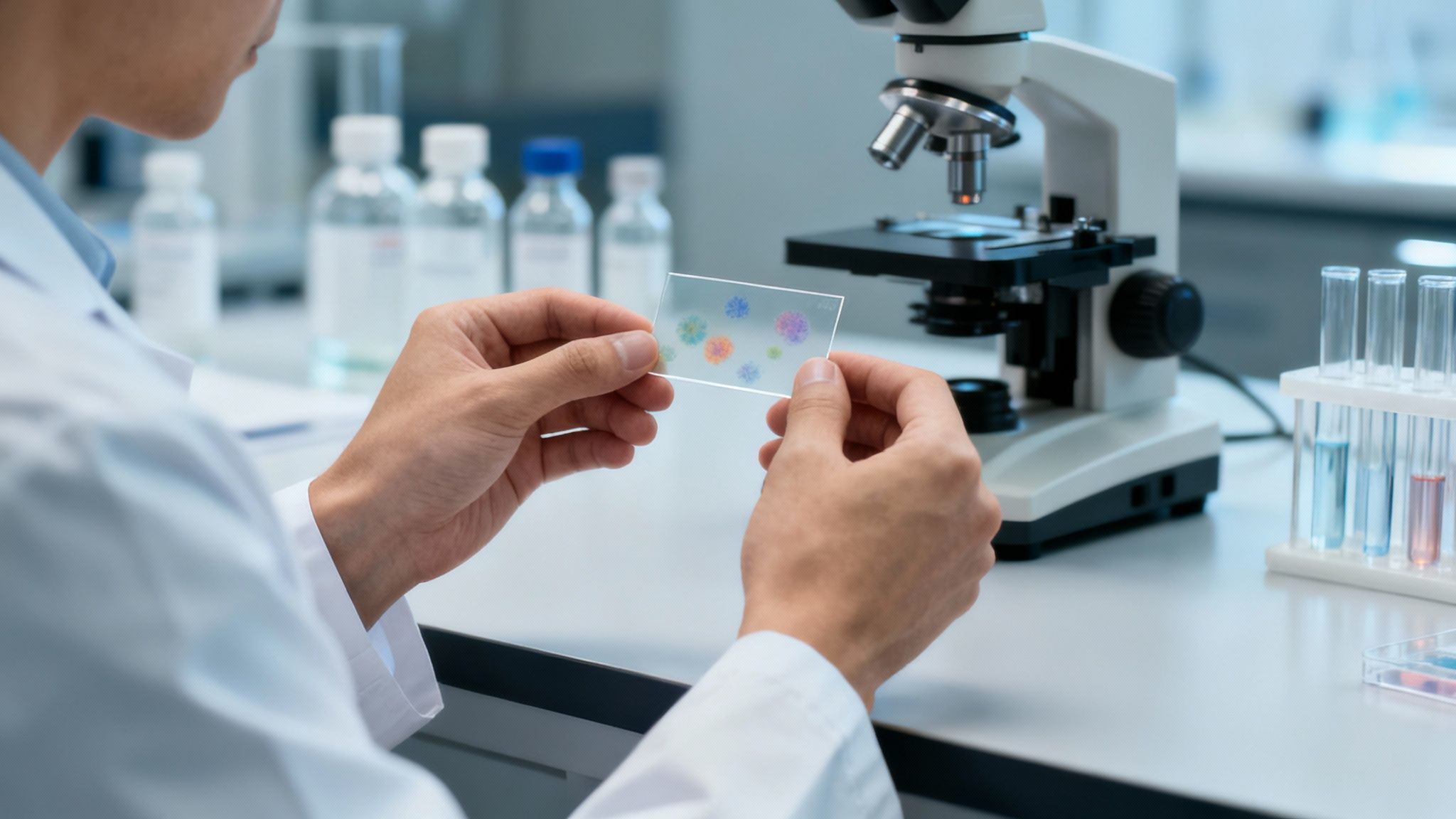 Wissenschaftler im Labor hält Objektträger mit farbigen Mikroorganismen, bereit zur Analyse unter dem Mikroskop.