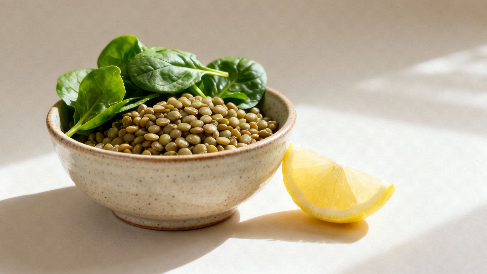 Eine Schale mit grünen Linsen und frischem Spinat, daneben eine Zitronenspalte, auf hellem Hintergrund.